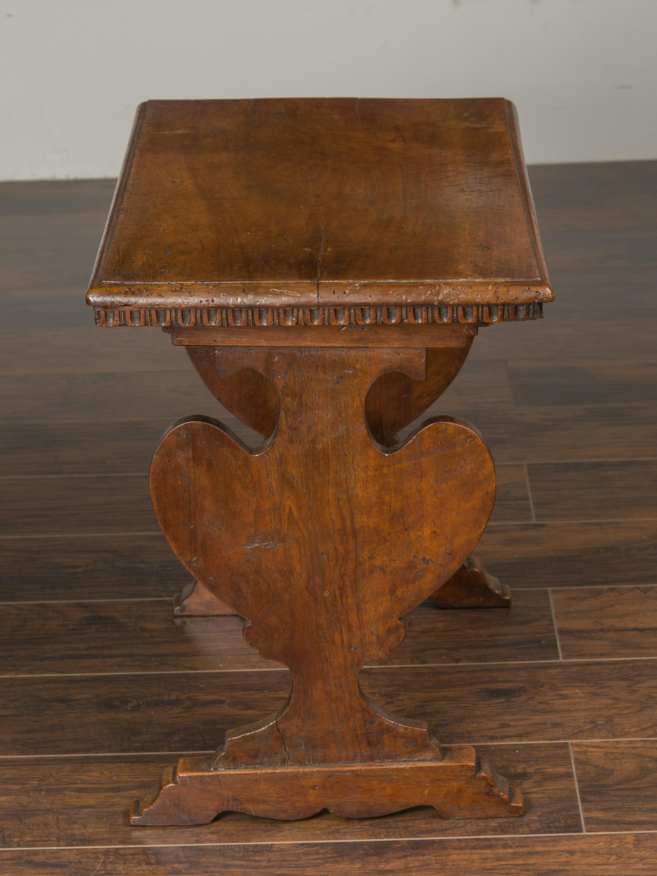 Italian 1800s Walnut Trestle Base Low Side Table with Carved Scoop Patterns 3