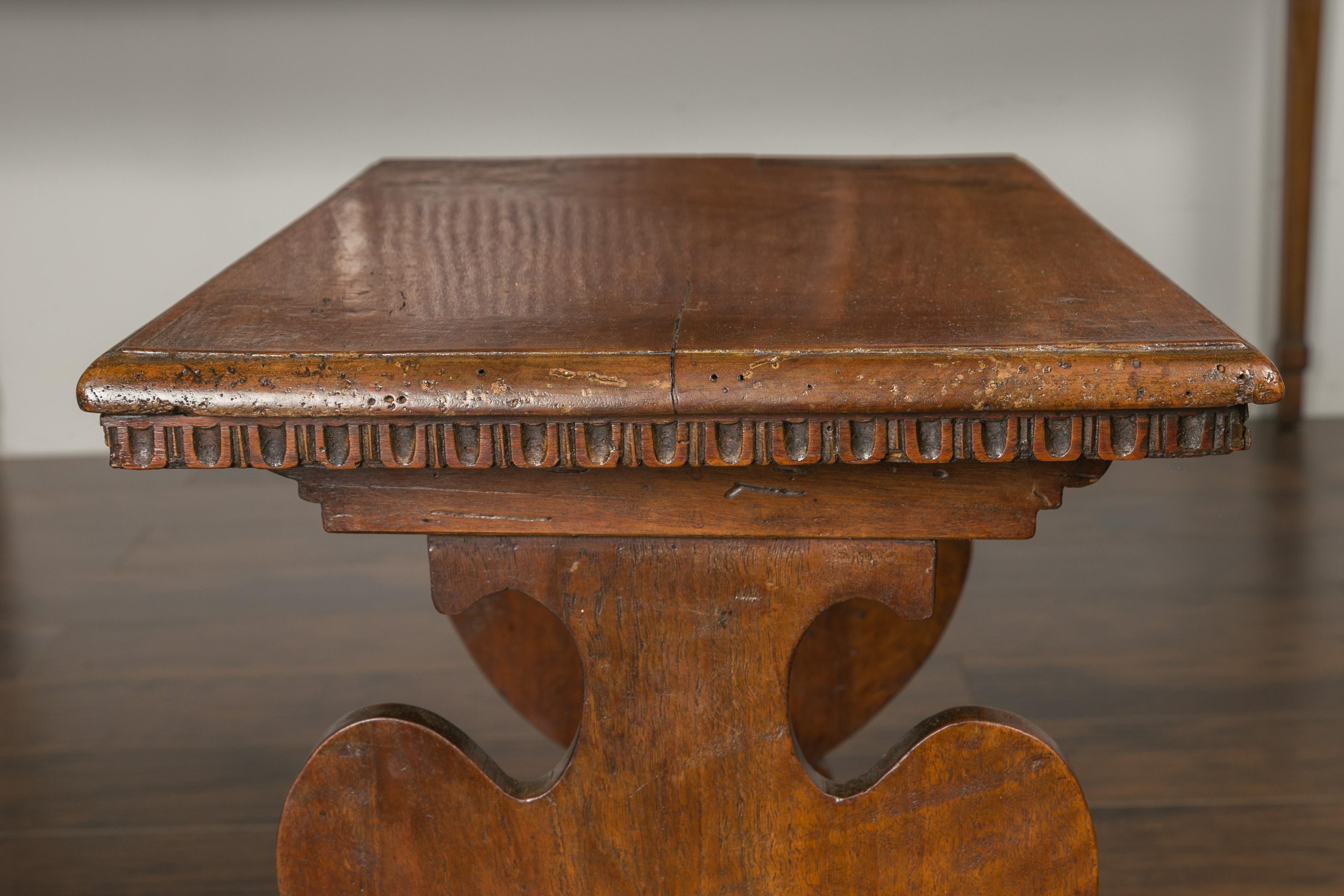 Italian 1800s Walnut Trestle Base Low Side Table with Carved Scoop Patterns 4