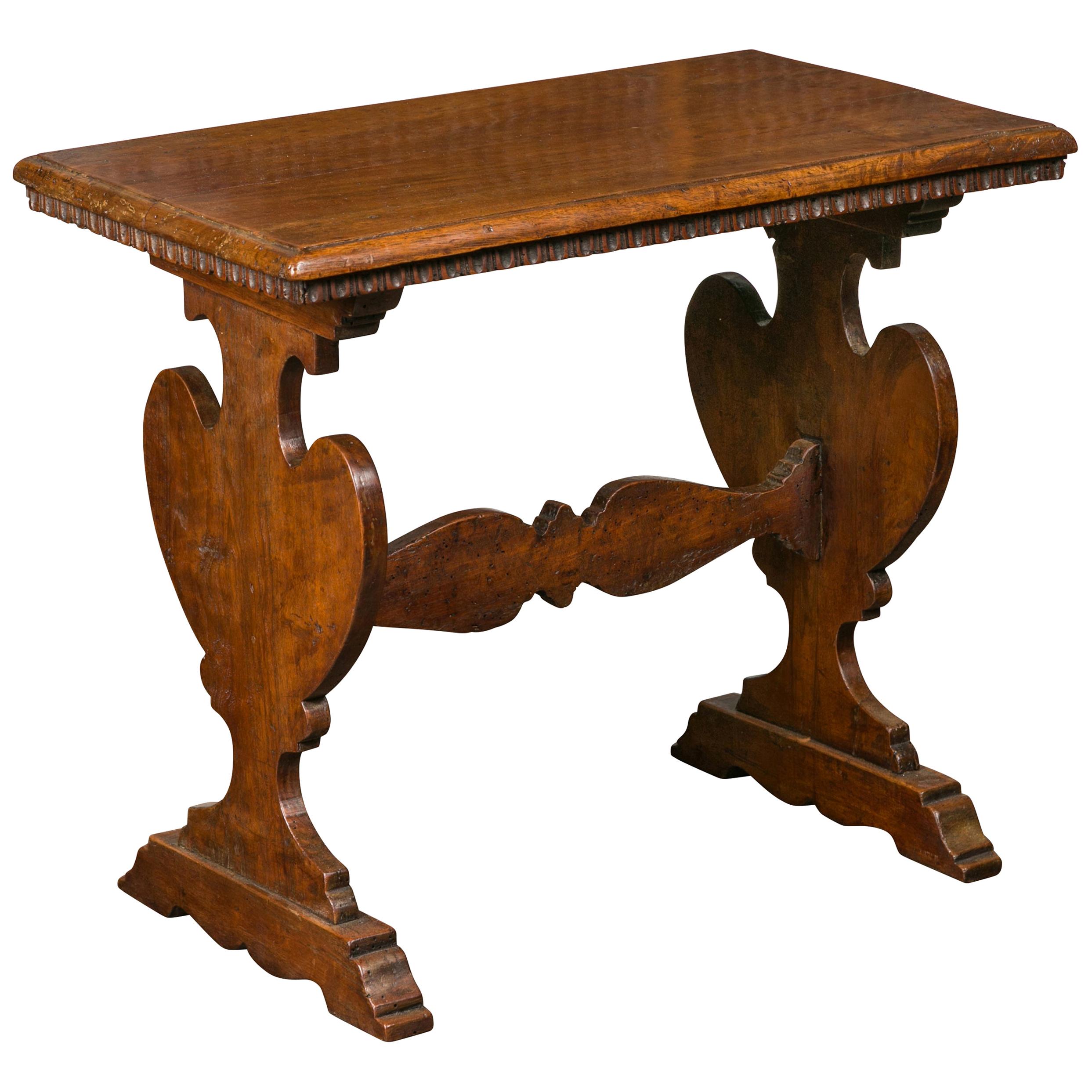 Italian 1800s Walnut Trestle Base Low Side Table with Carved Scoop Patterns