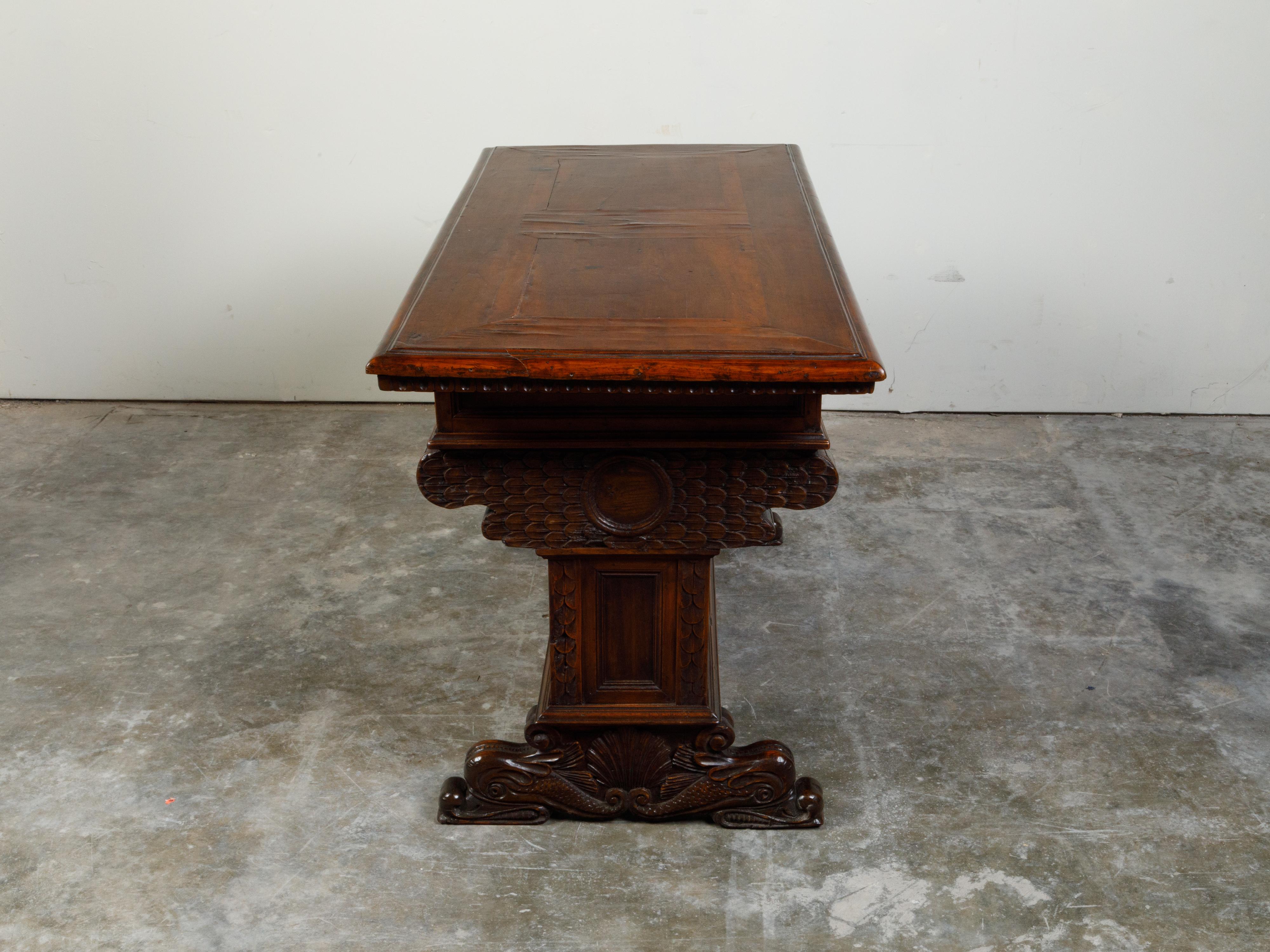 Italian 1800s Walnut Trestle Base Table with Two Drawers and Carved Motifs For Sale 6