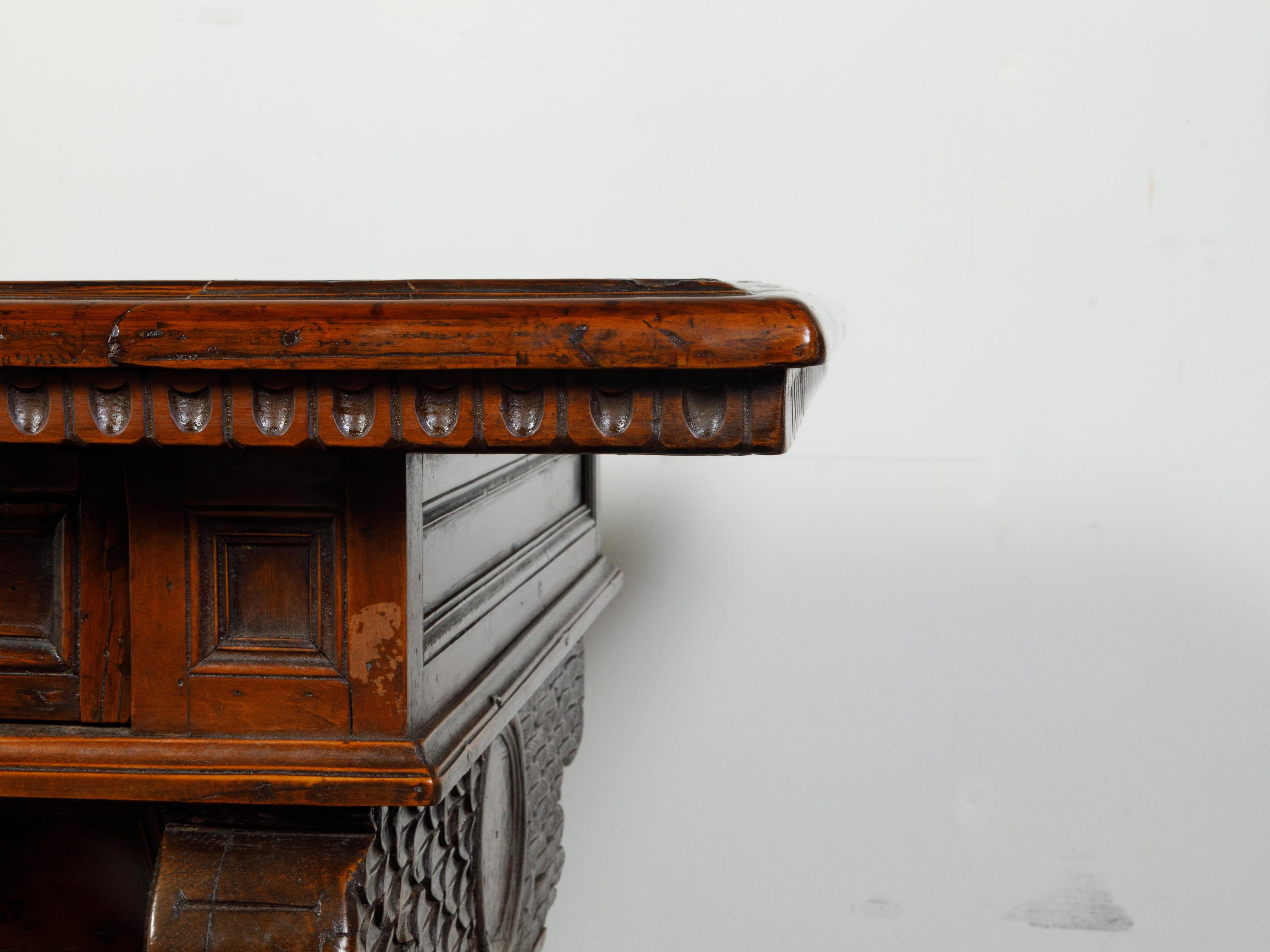 Italian 1800s Walnut Trestle Base Table with Two Drawers and Carved Motifs For Sale 9
