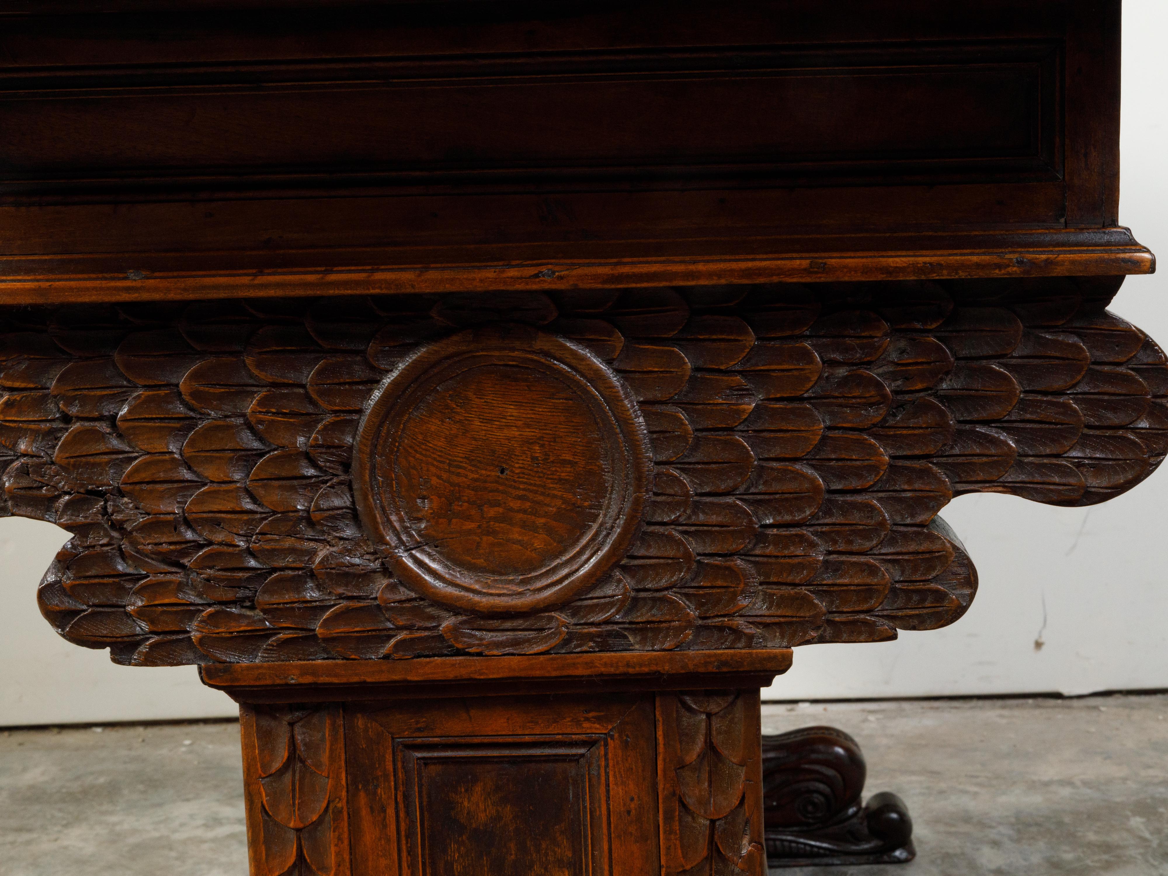 Italian 1800s Walnut Trestle Base Table with Two Drawers and Carved Motifs For Sale 11
