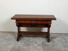 Italian 1800s Walnut Trestle Base Table with Two Drawers and Carved Motifs