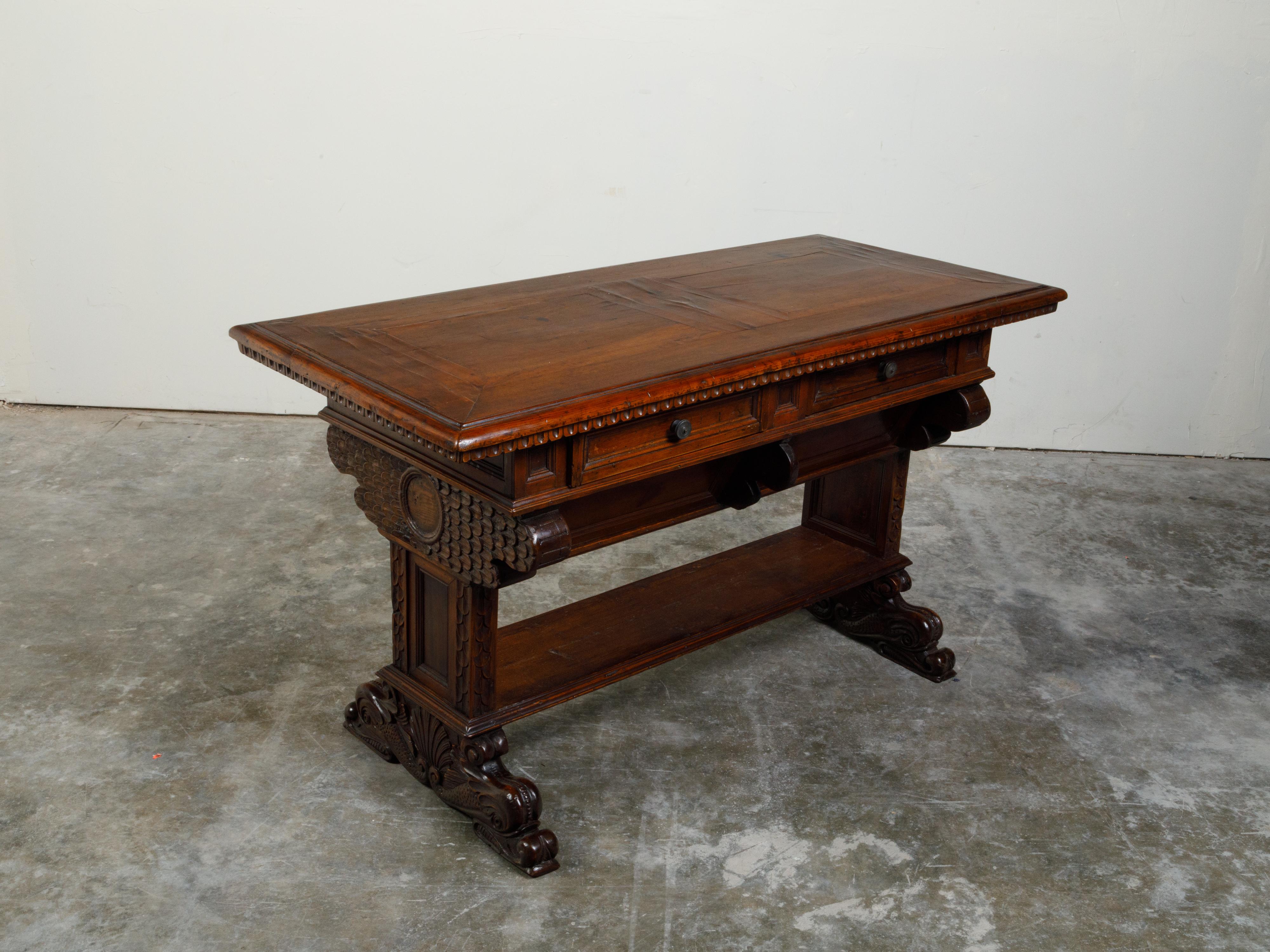 Italian 1800s Walnut Trestle Base Table with Two Drawers and Carved Motifs In Good Condition For Sale In Atlanta, GA