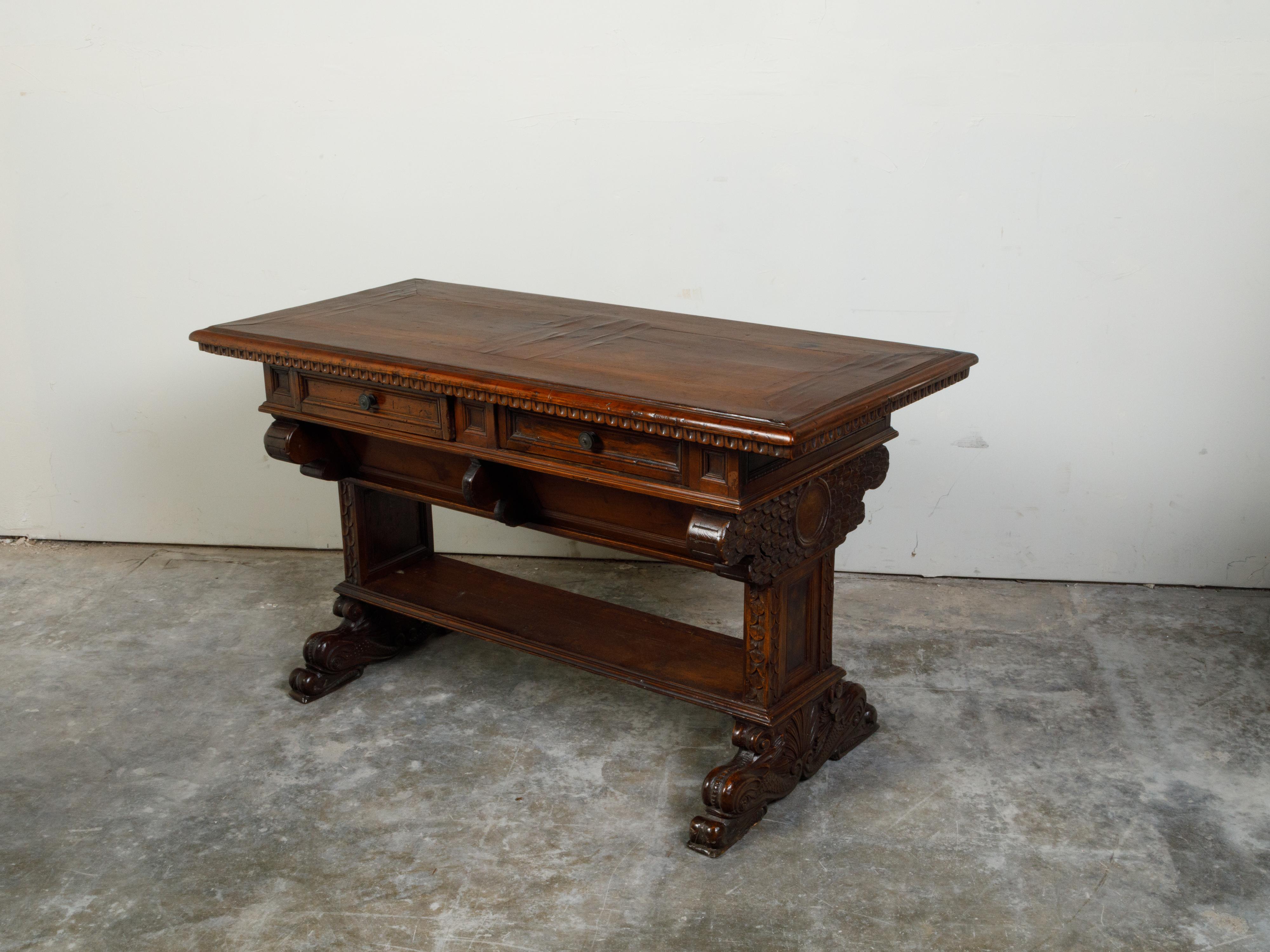 Italian 1800s Walnut Trestle Base Table with Two Drawers and Carved Motifs For Sale 2