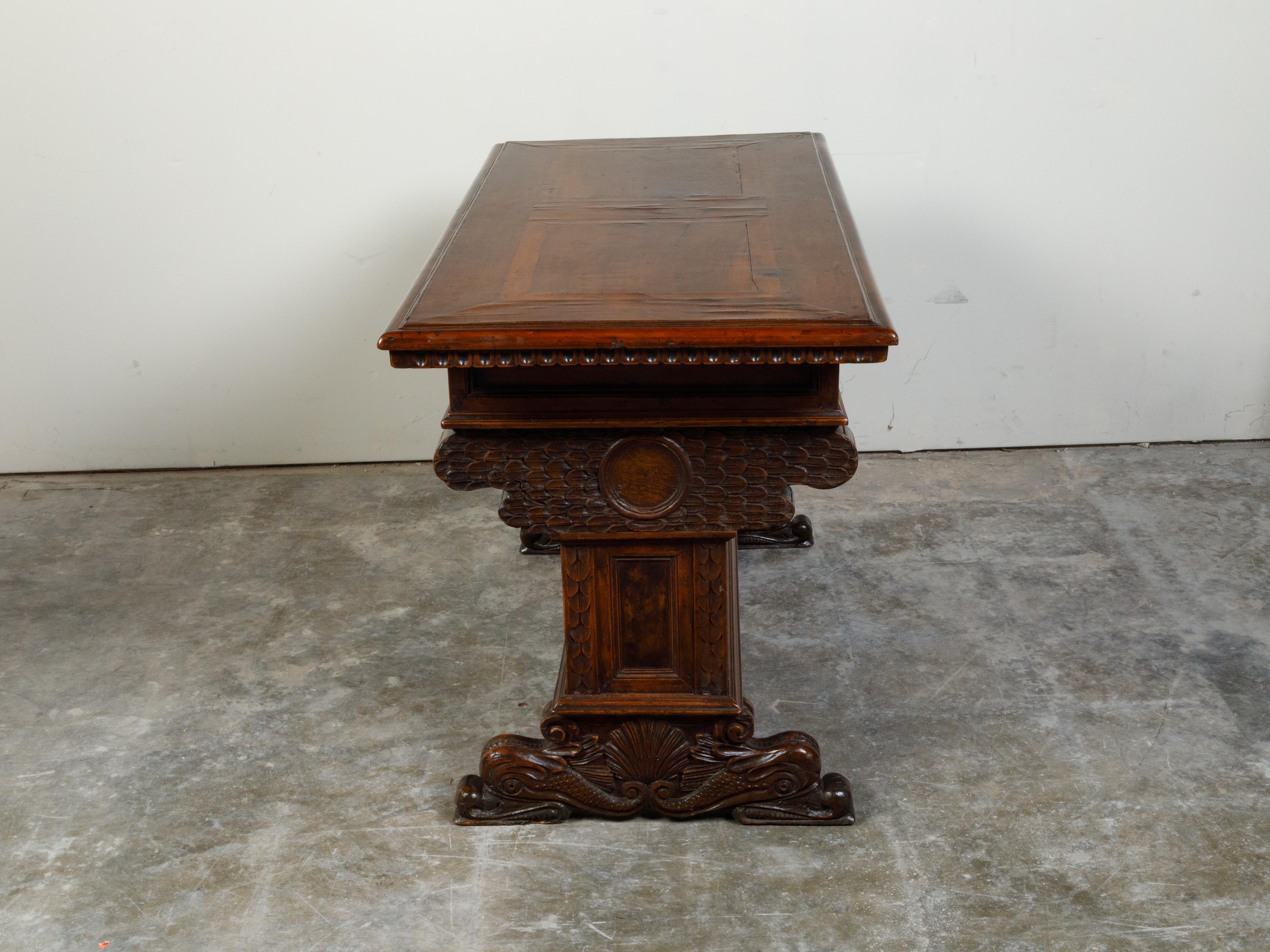 Italian 1800s Walnut Trestle Base Table with Two Drawers and Carved Motifs For Sale 3