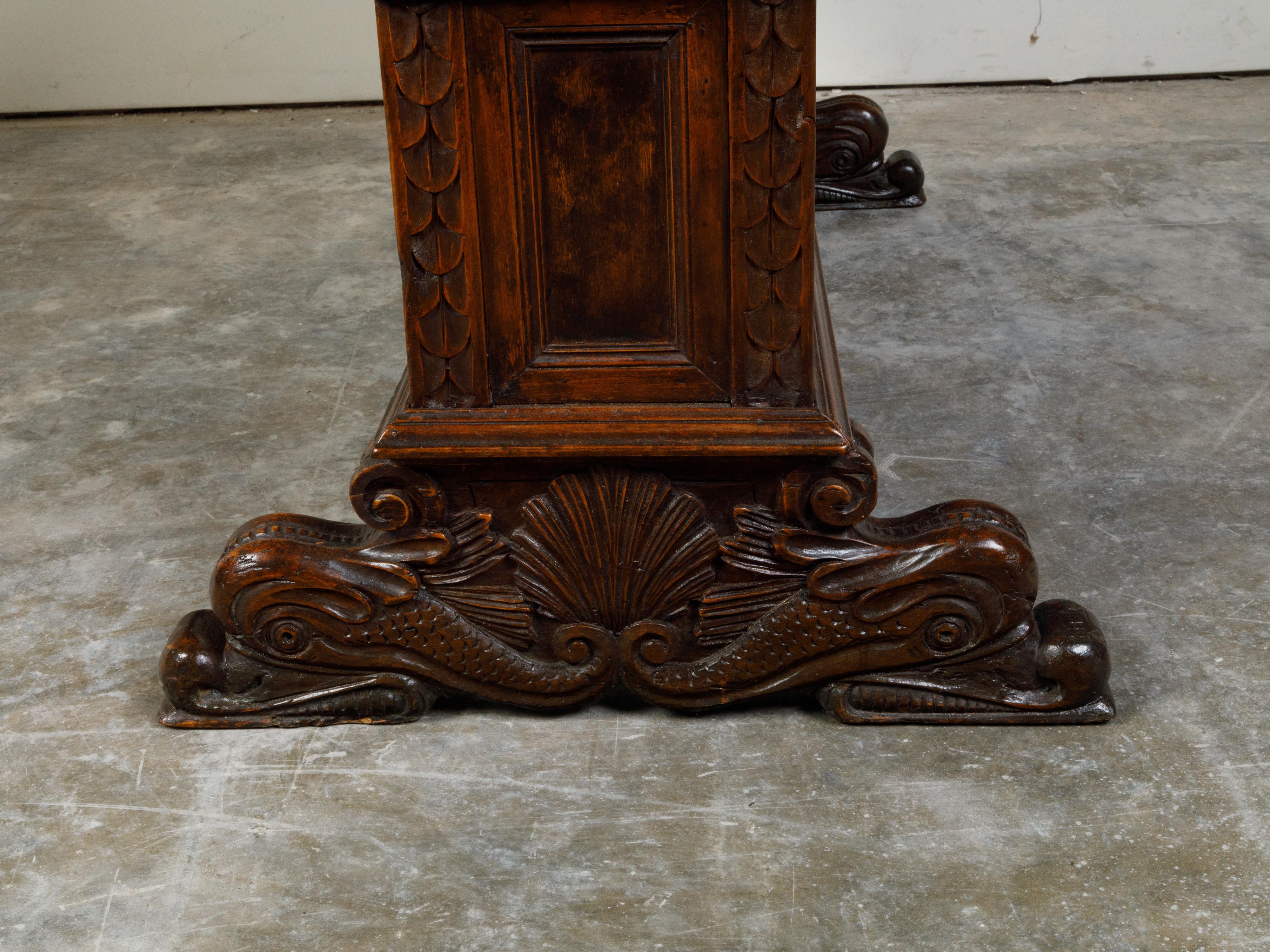 Italian 1800s Walnut Trestle Base Table with Two Drawers and Carved Motifs For Sale 4