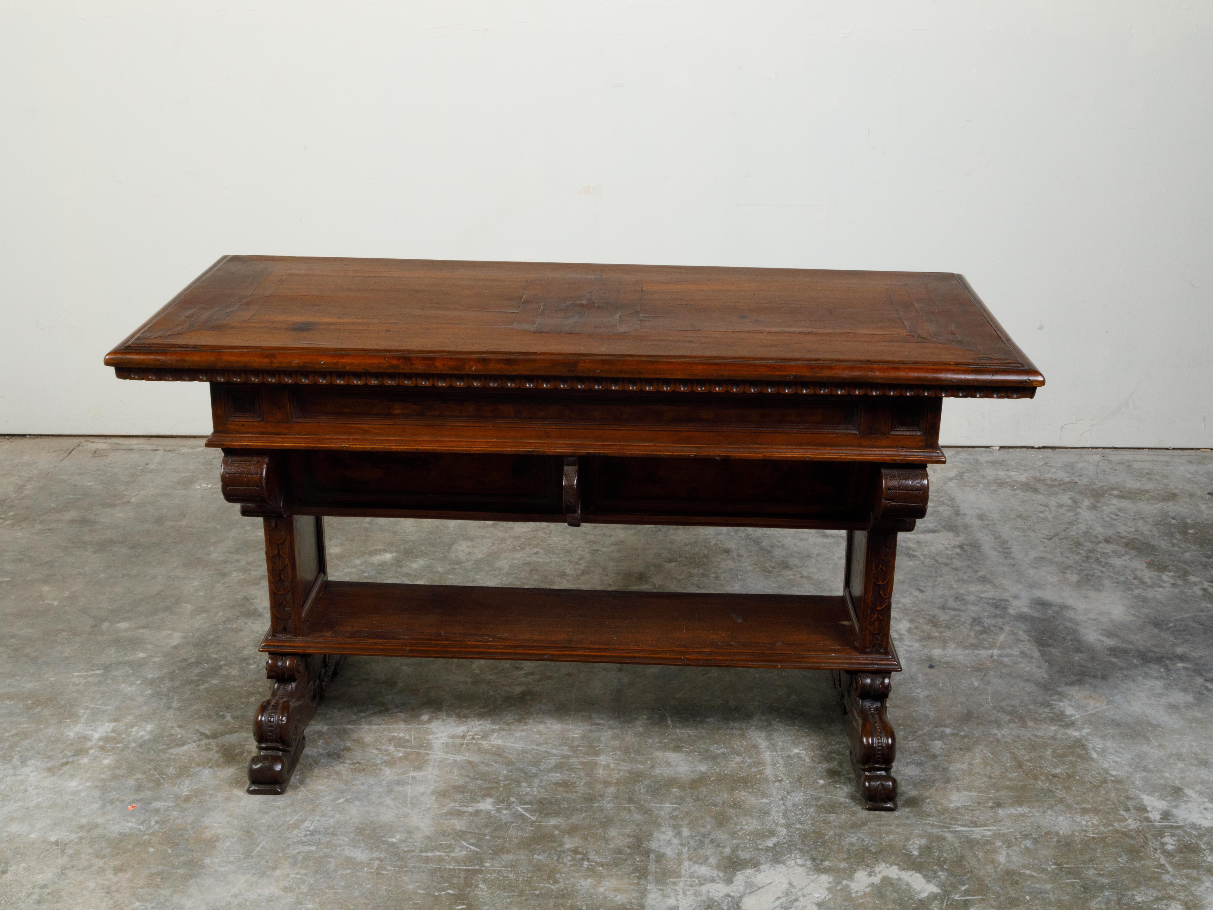 Italian 1800s Walnut Trestle Base Table with Two Drawers and Carved Motifs For Sale 5
