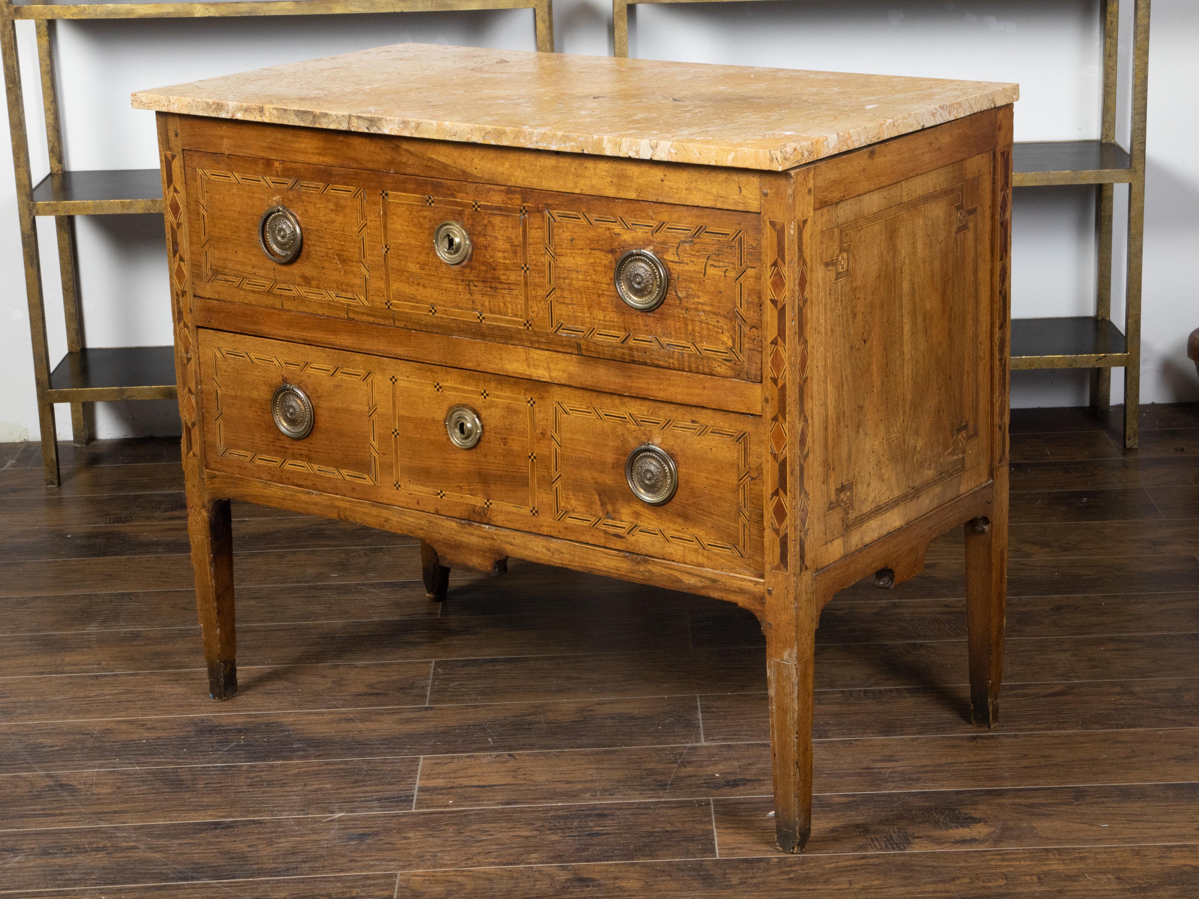 Italian 1800s Walnut Two-Drawer Commode with Marble Top and Geometric Inlay In Good Condition In Atlanta, GA