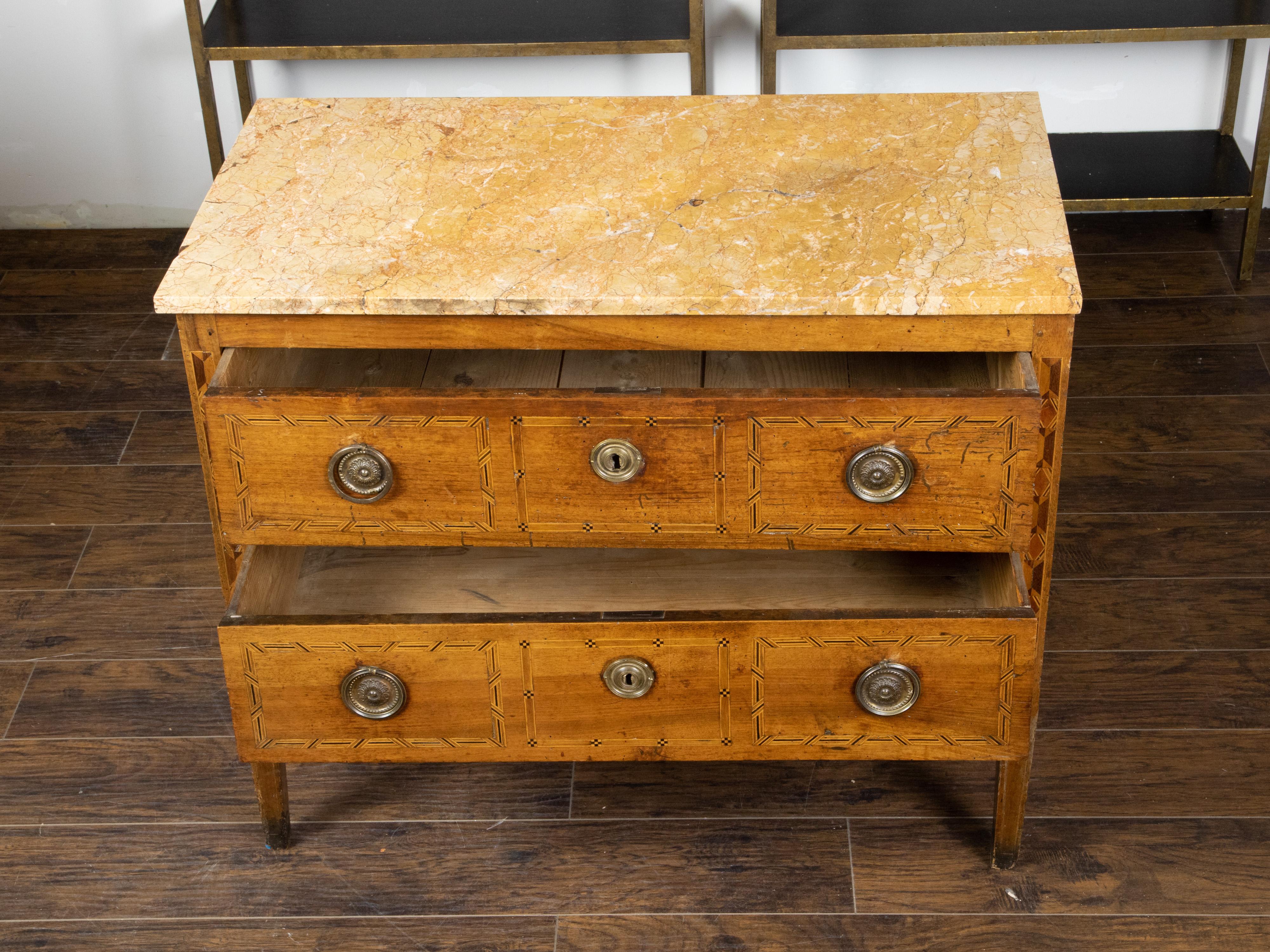 19th Century Italian 1800s Walnut Two-Drawer Commode with Marble Top and Geometric Inlay