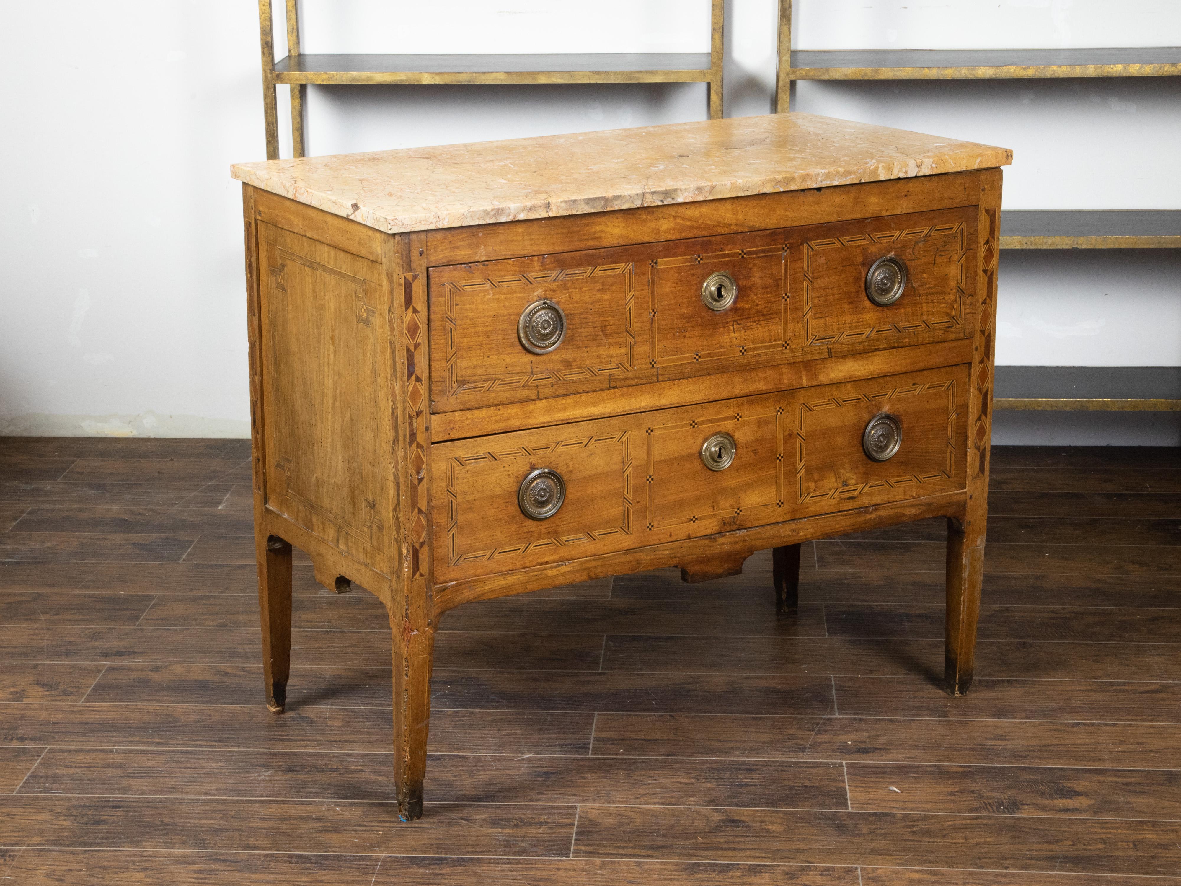 Italian 1800s Walnut Two-Drawer Commode with Marble Top and Geometric Inlay 1