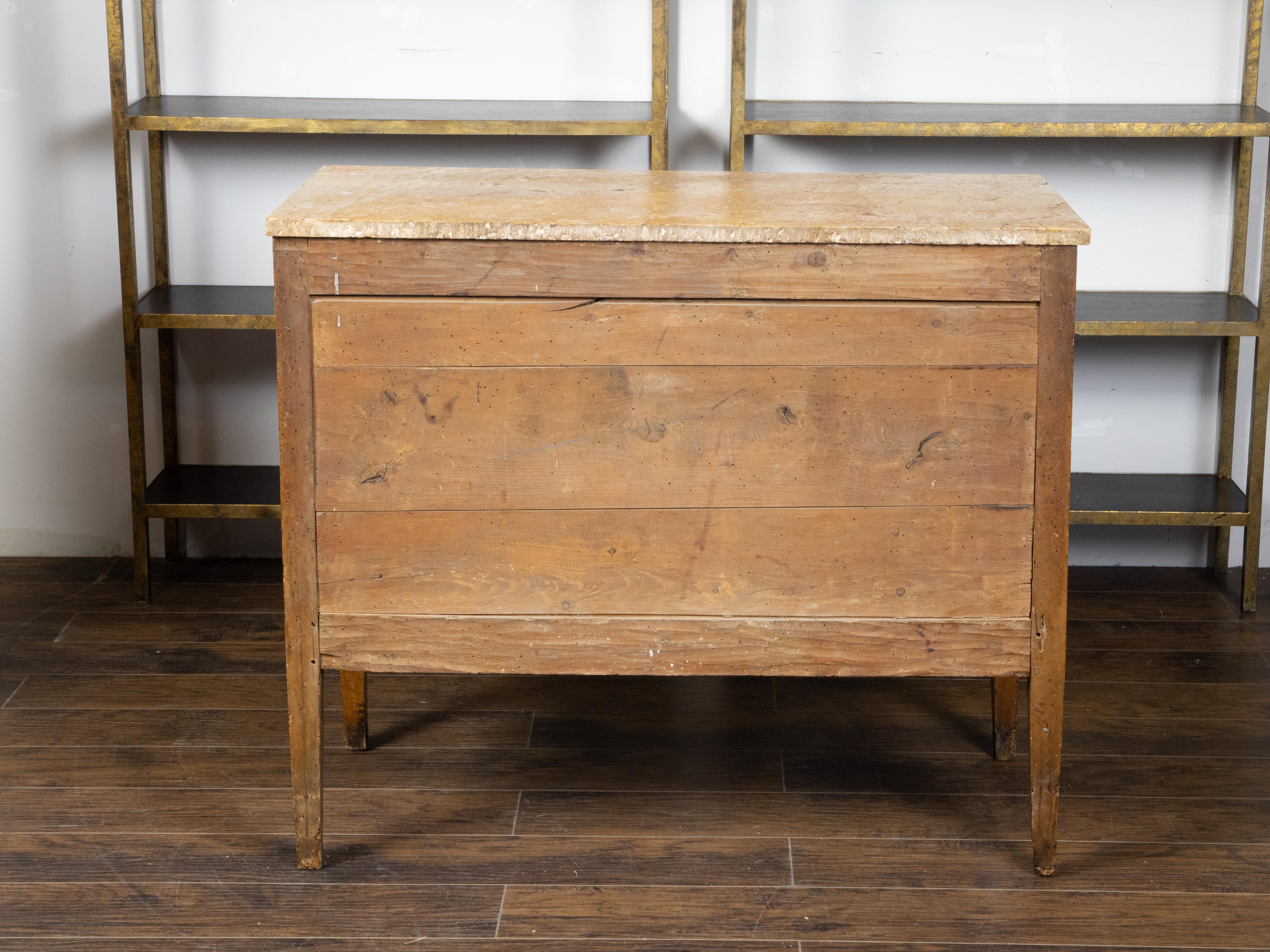 Italian 1800s Walnut Two-Drawer Commode with Marble Top and Geometric Inlay 3