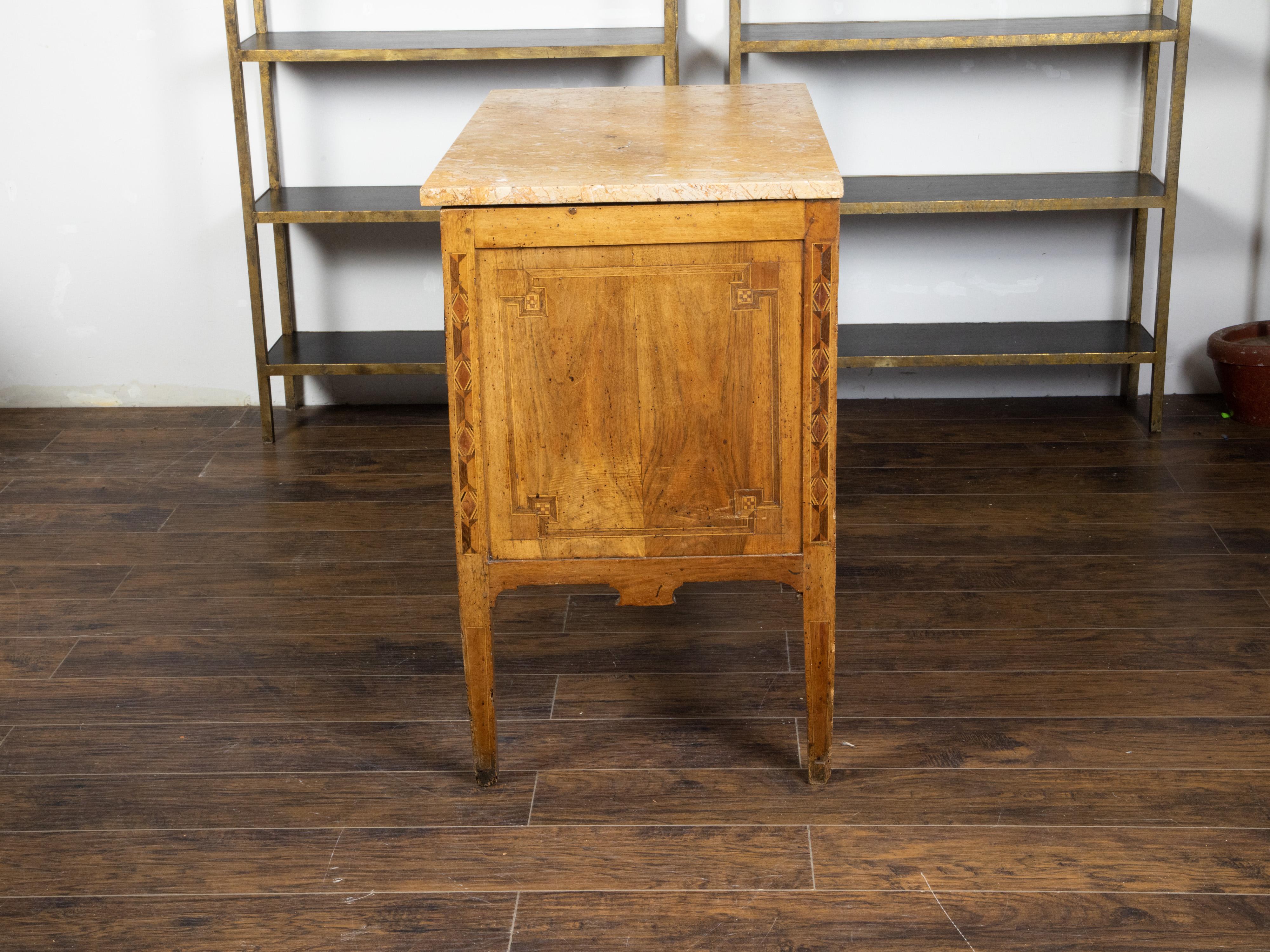 Italian 1800s Walnut Two-Drawer Commode with Marble Top and Geometric Inlay 4