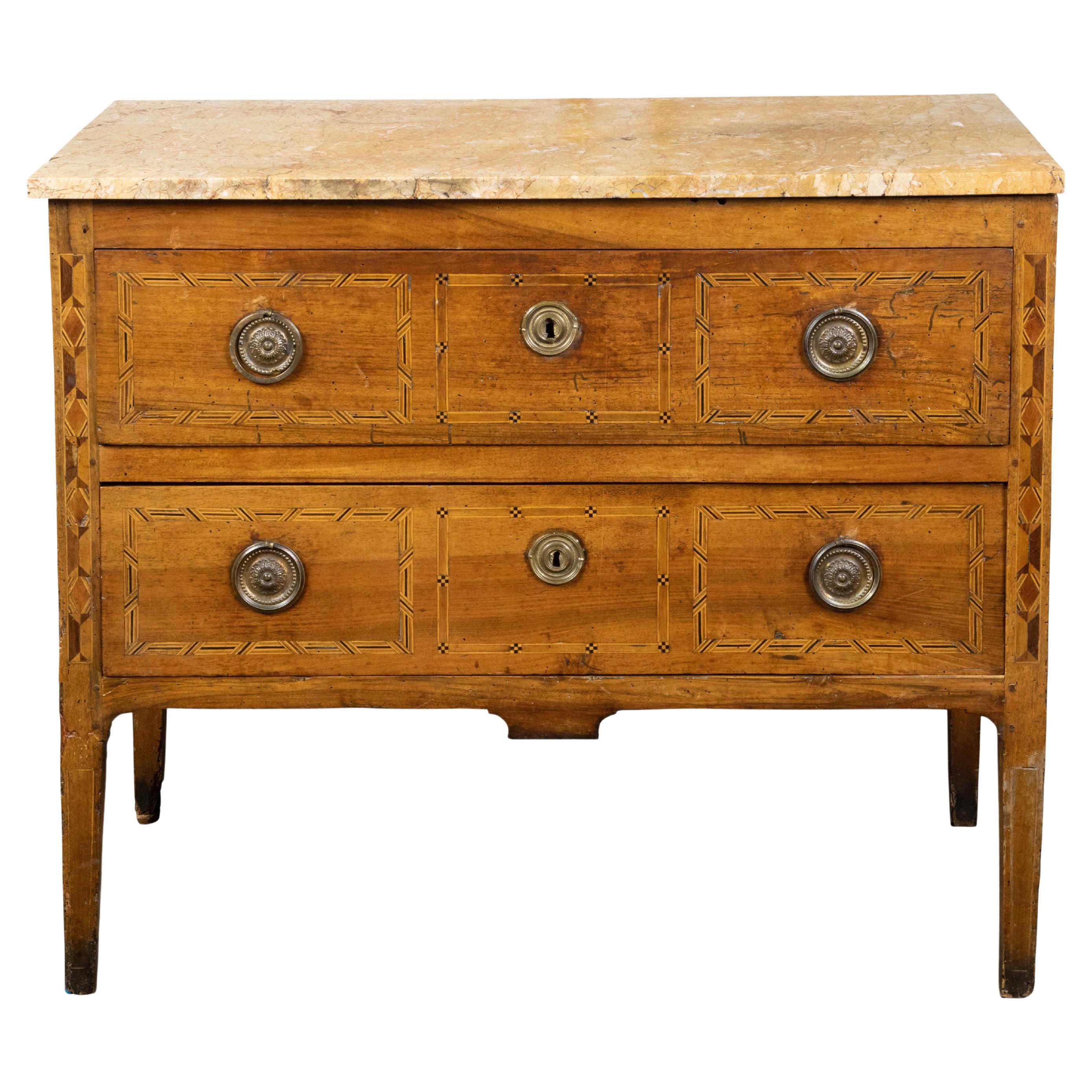 Italian 1800s Walnut Two-Drawer Commode with Marble Top and Geometric Inlay