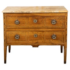 Italian 1800s Walnut Two-Drawer Commode with Marble Top and Geometric Inlay