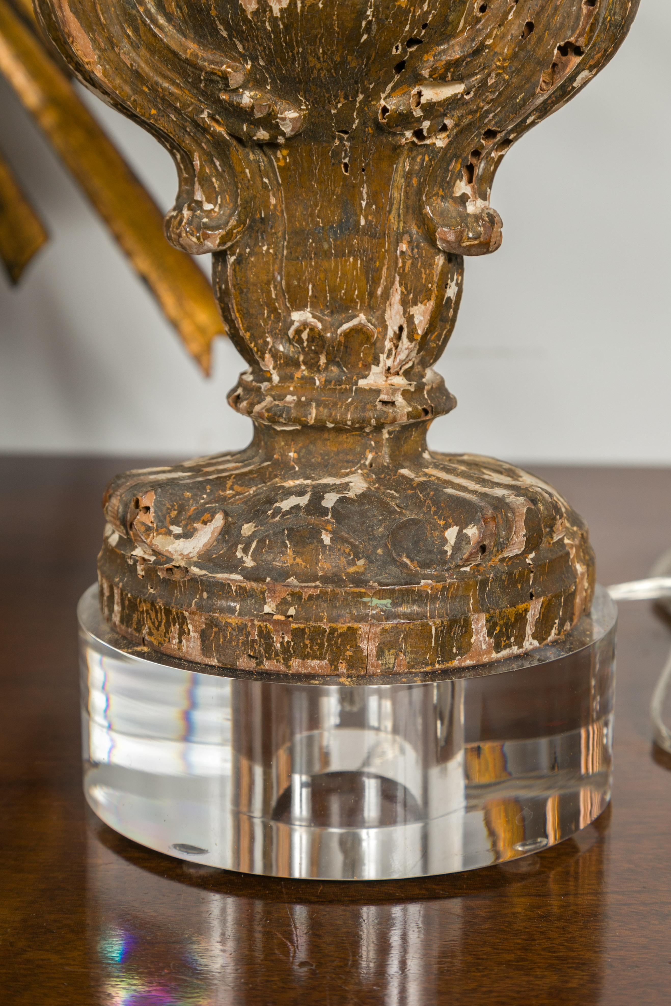 Italian 1820s Baroque Style Carved Fragments Made into Table Lamps on Lucite 1