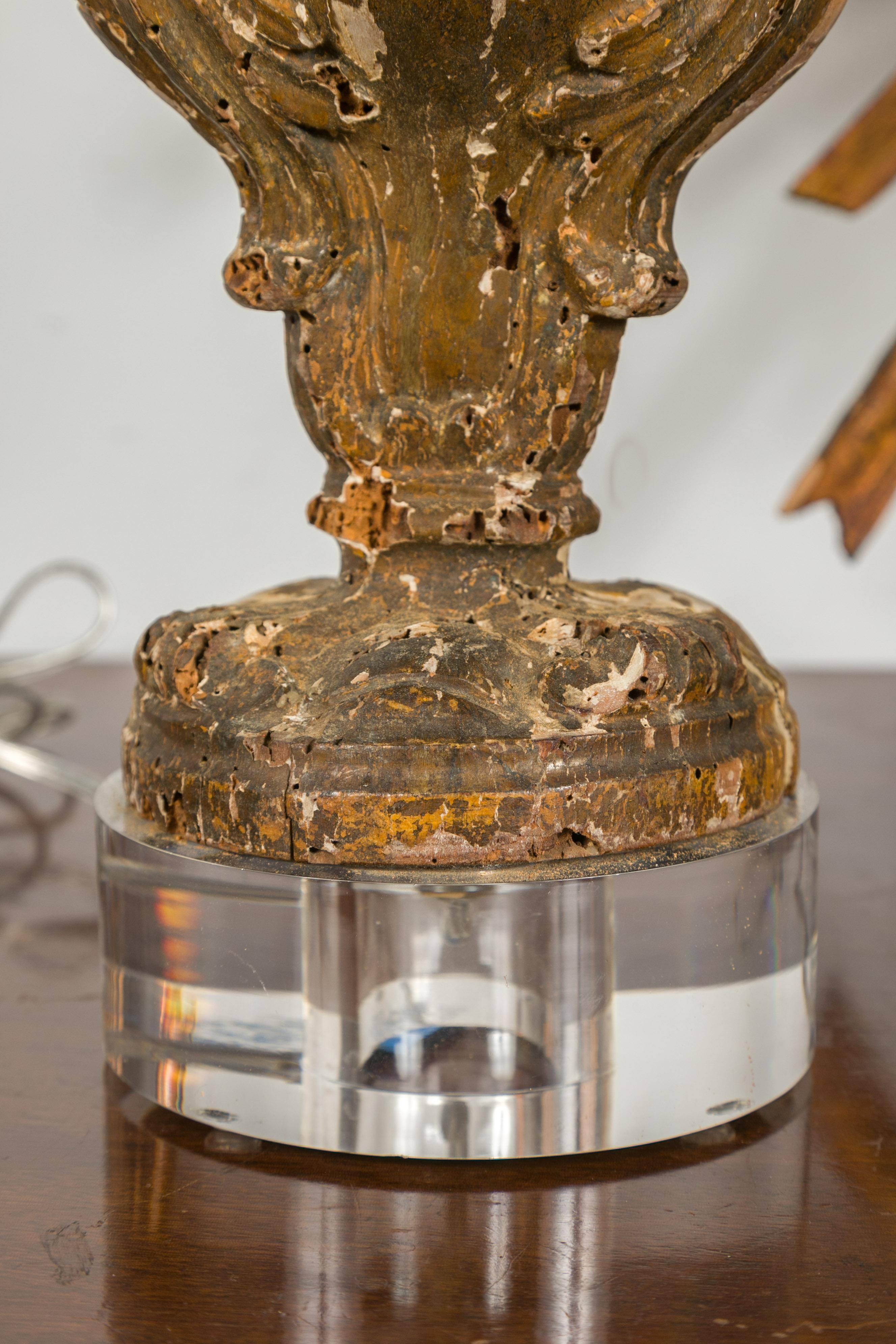 Italian 1820s Baroque Style Carved Fragments Made into Table Lamps on Lucite For Sale 2