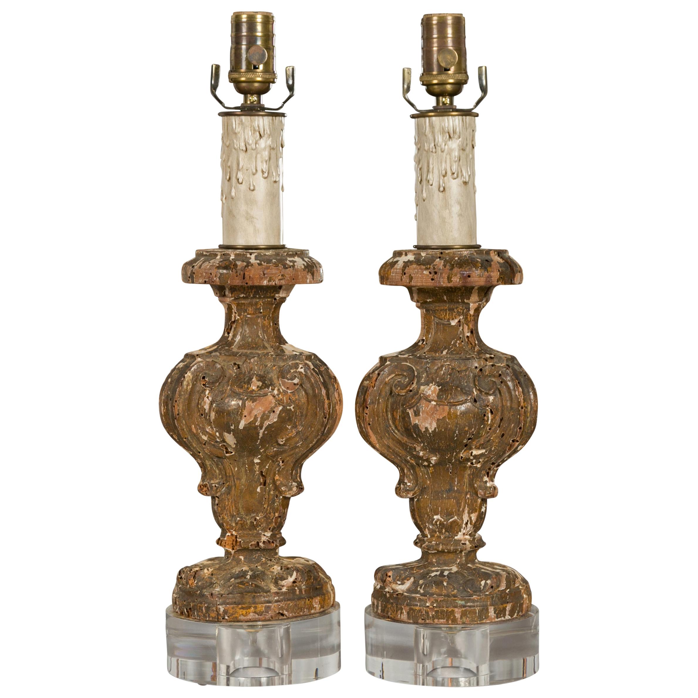 Italian 1820s Baroque Style Carved Fragments Made into Table Lamps on Lucite