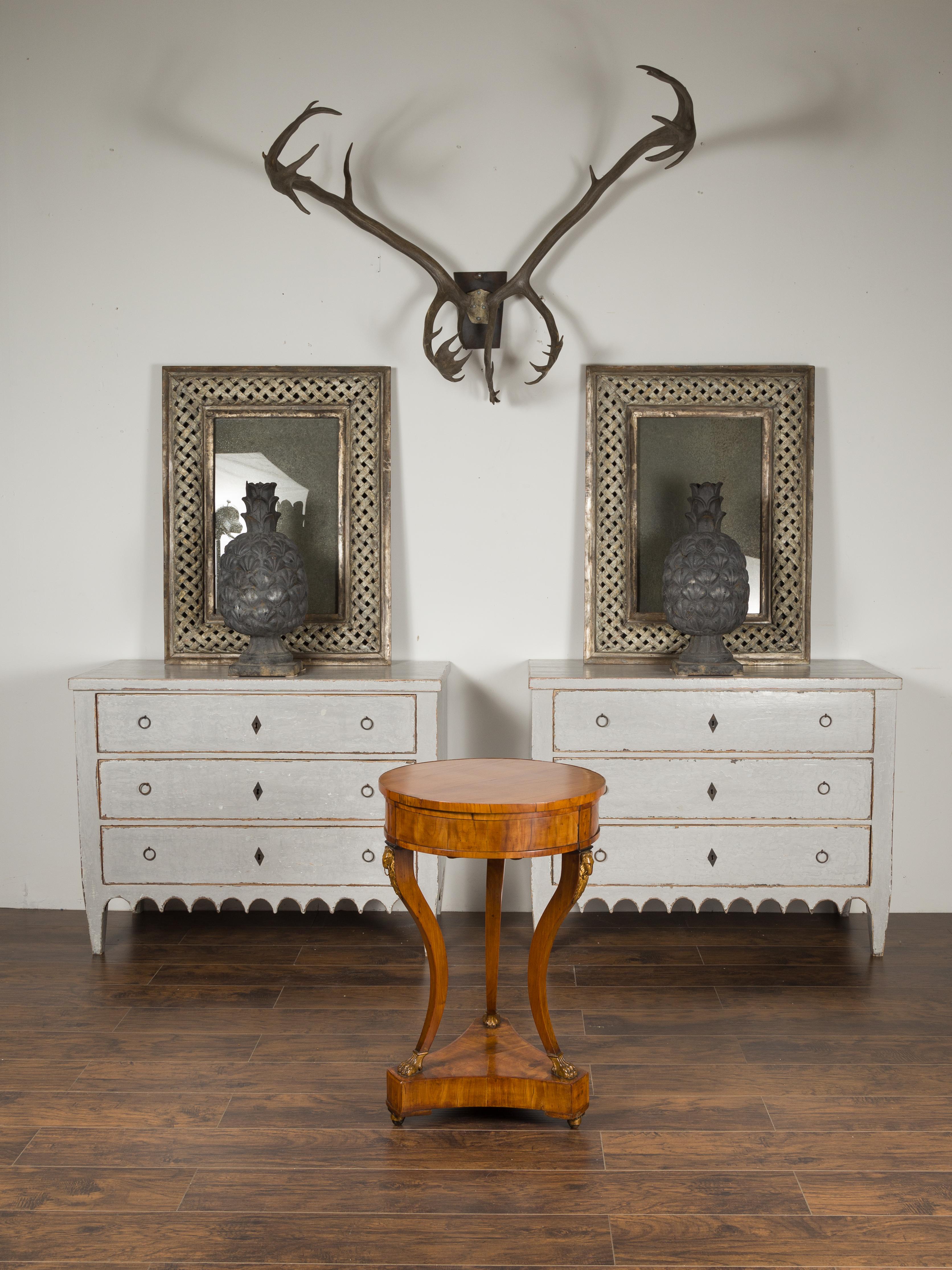 Carved Italian 1820s Empire Walnut Guéridon Table with Three Drawers and Rams' Heads