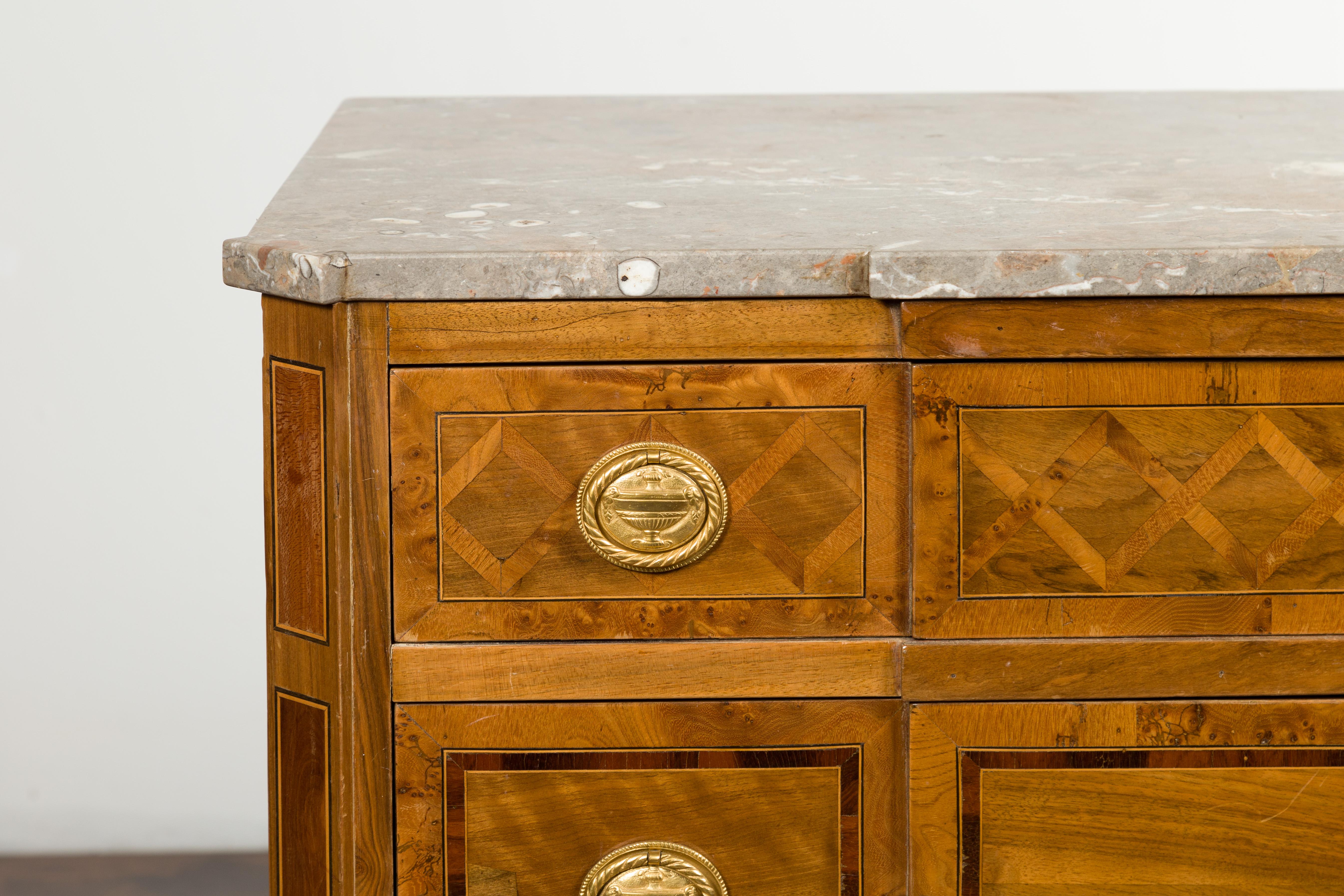 Italian 1820s Neoclassical Walnut Commode with Marble Top and Marquetry Decor 4