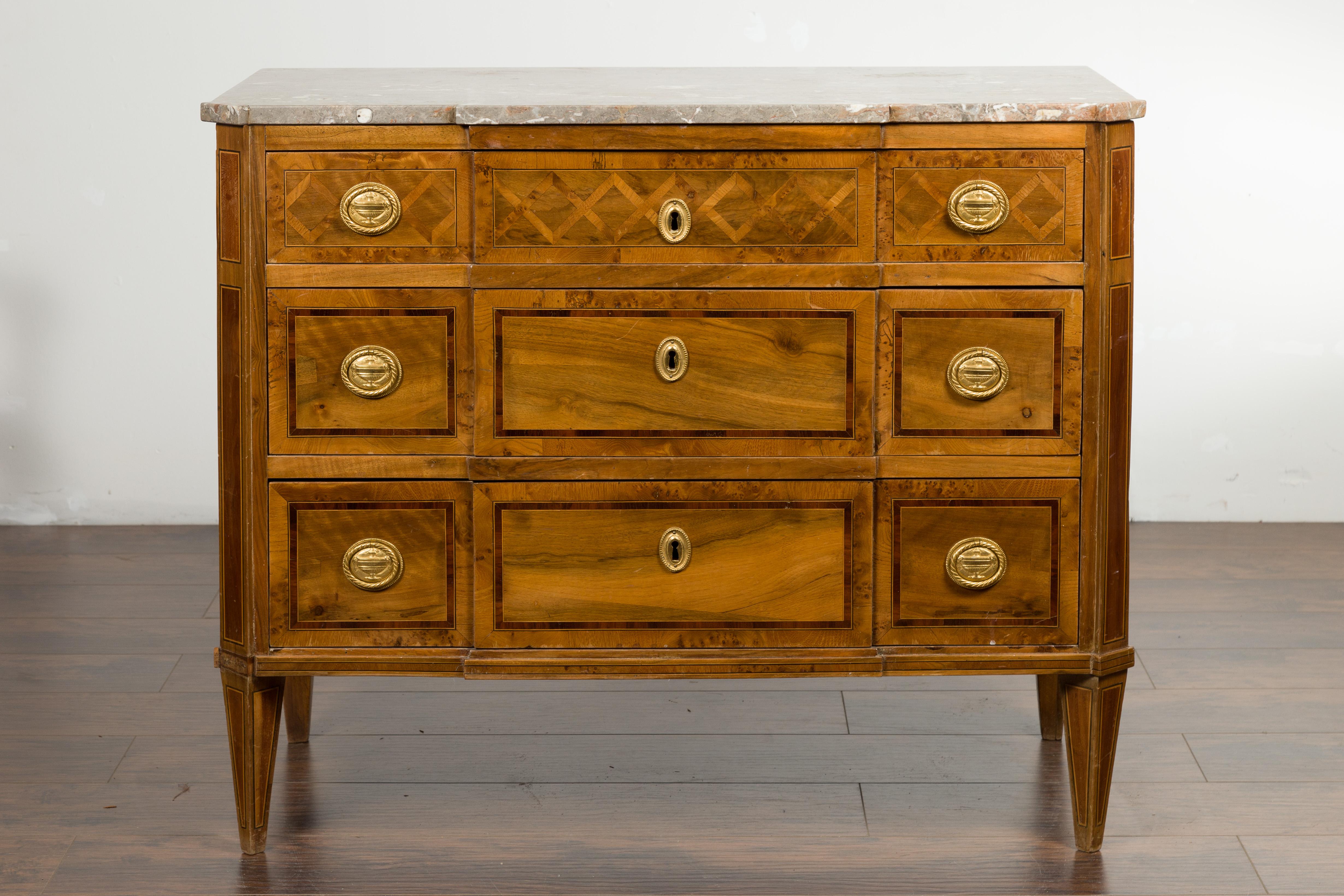 European Italian 1820s Neoclassical Walnut Commode with Marble Top and Marquetry Decor