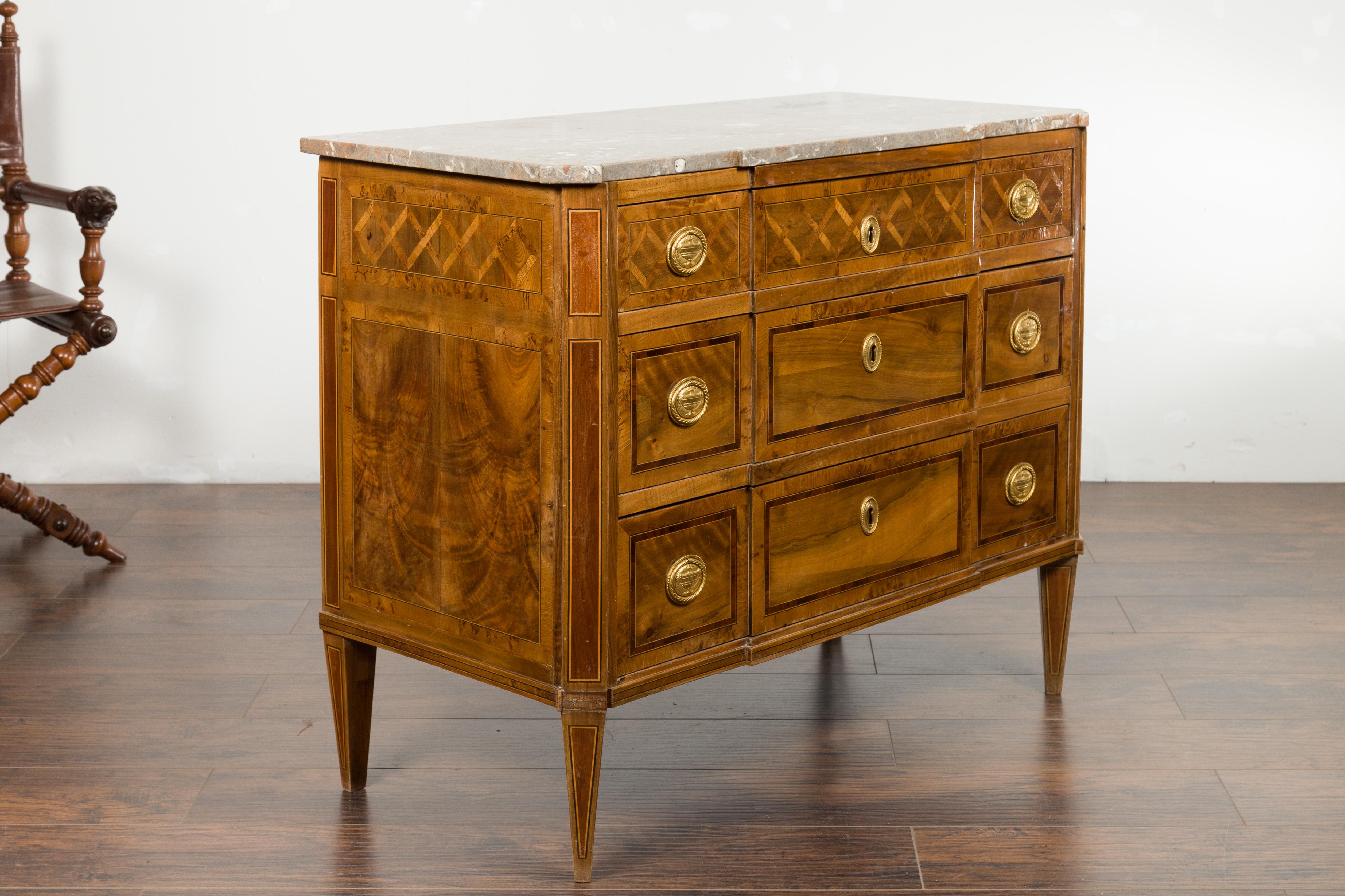 Italian 1820s Neoclassical Walnut Commode with Marble Top and Marquetry Decor In Good Condition In Atlanta, GA