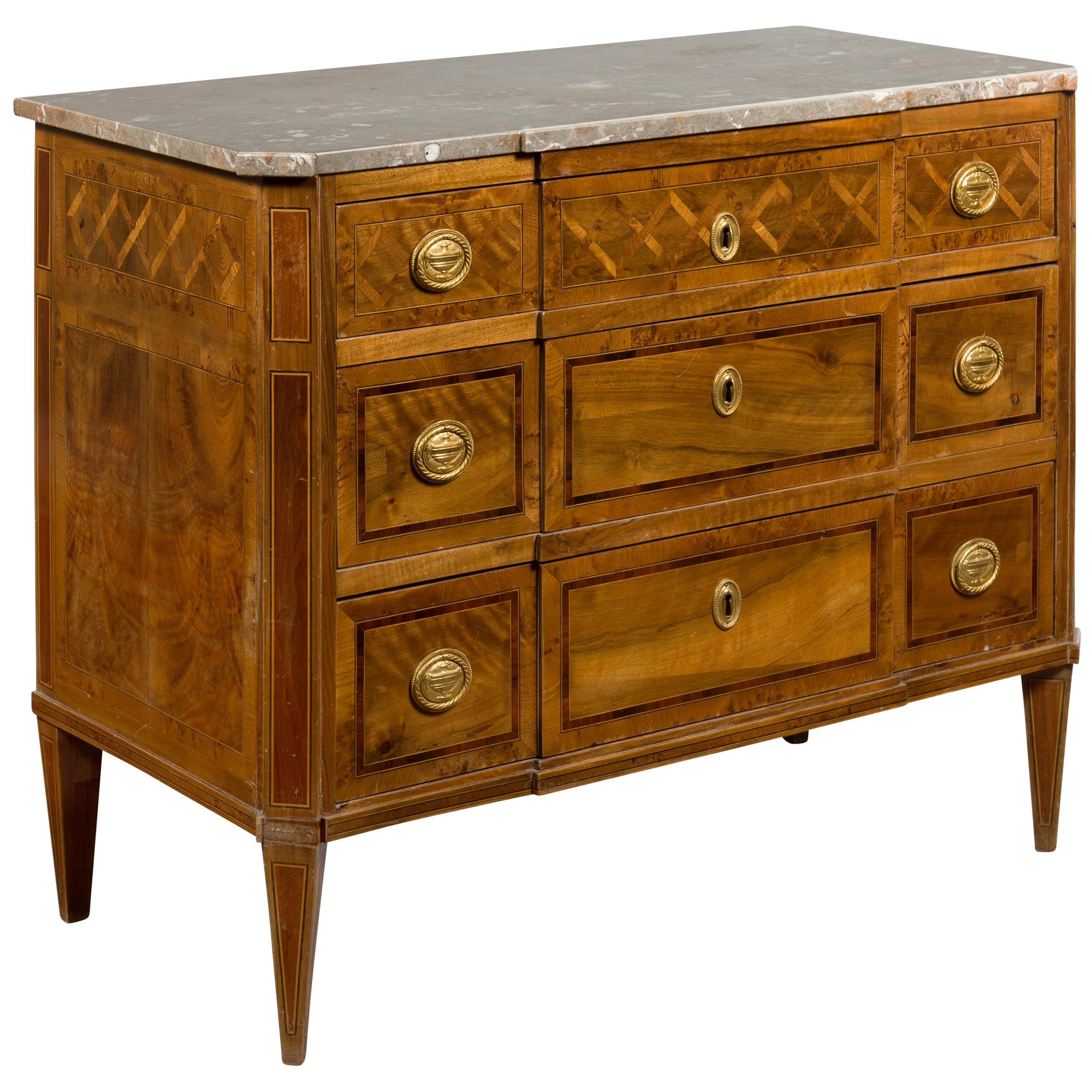 Italian 1820s Neoclassical Walnut Commode with Marble Top and Marquetry Decor