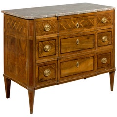 Italian 1820s Neoclassical Walnut Commode with Marble Top and Marquetry Decor