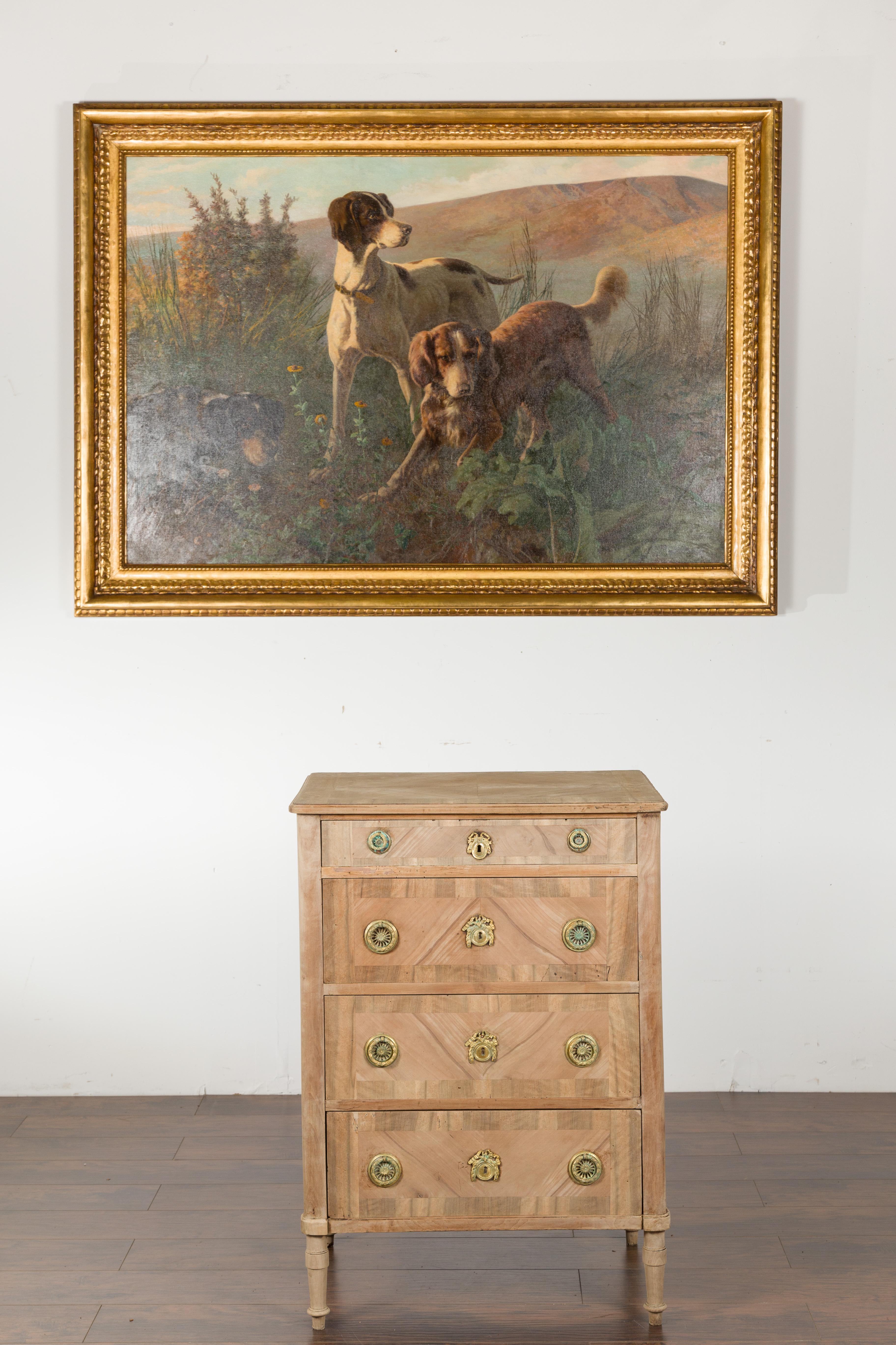 An Italian bleached walnut tall commode from the early 19th century, with four drawers and bleached walnut veneer. Created in Italy during the first quarter of the 19th century, this tall chest features a rectangular top with quarter veneer and