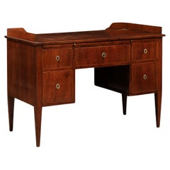 Antique Italian 1820s Walnut and Mahogany Desk with Five Drawers, Pull-out and Banding