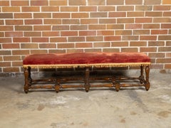 Italian 1820s Walnut Bench with Red Fabric, Turned Legs and Stretchers