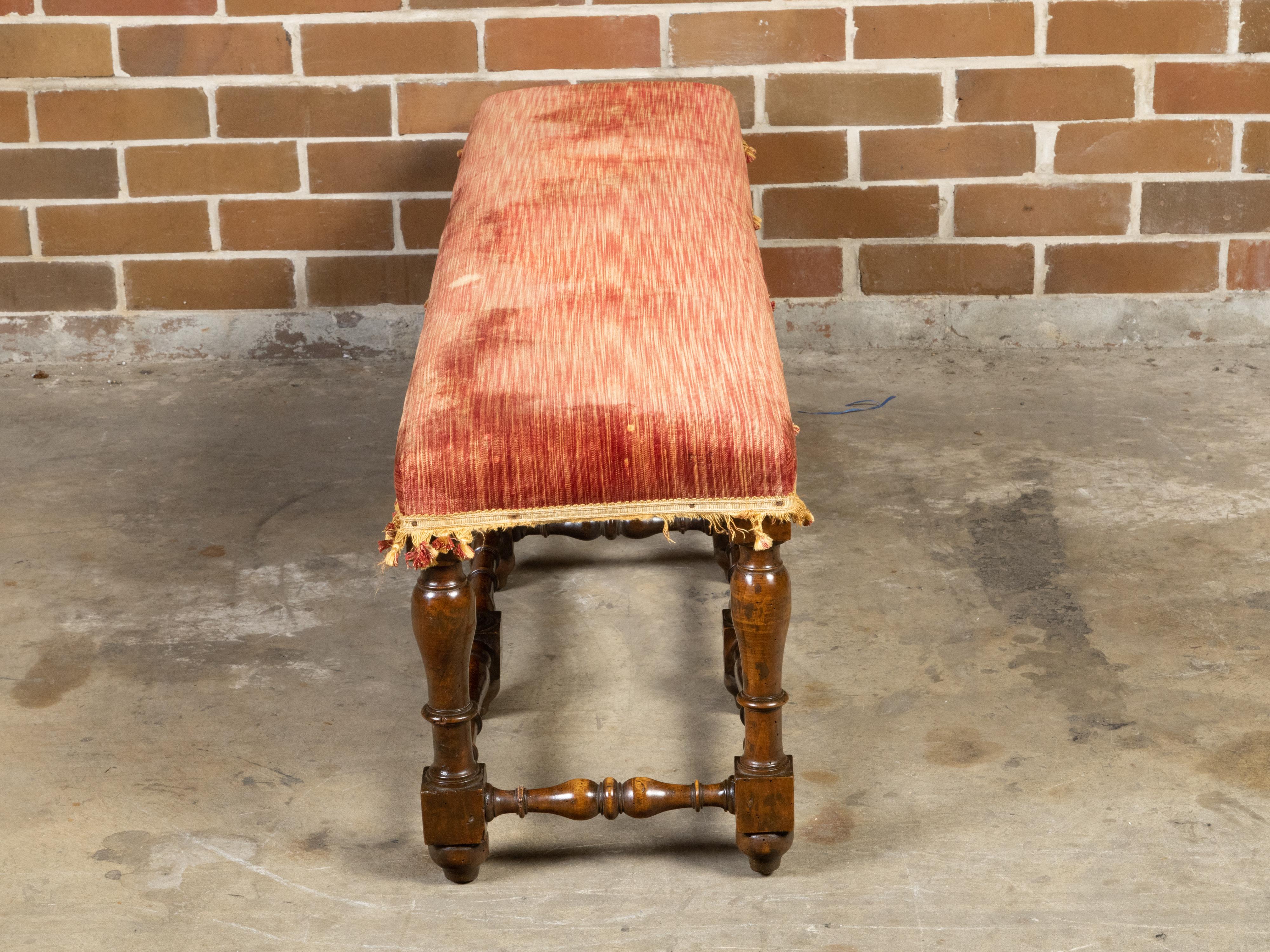 19th Century Italian 1820s Walnut Bench with Red Fabric, Turned Legs and Stretchers For Sale