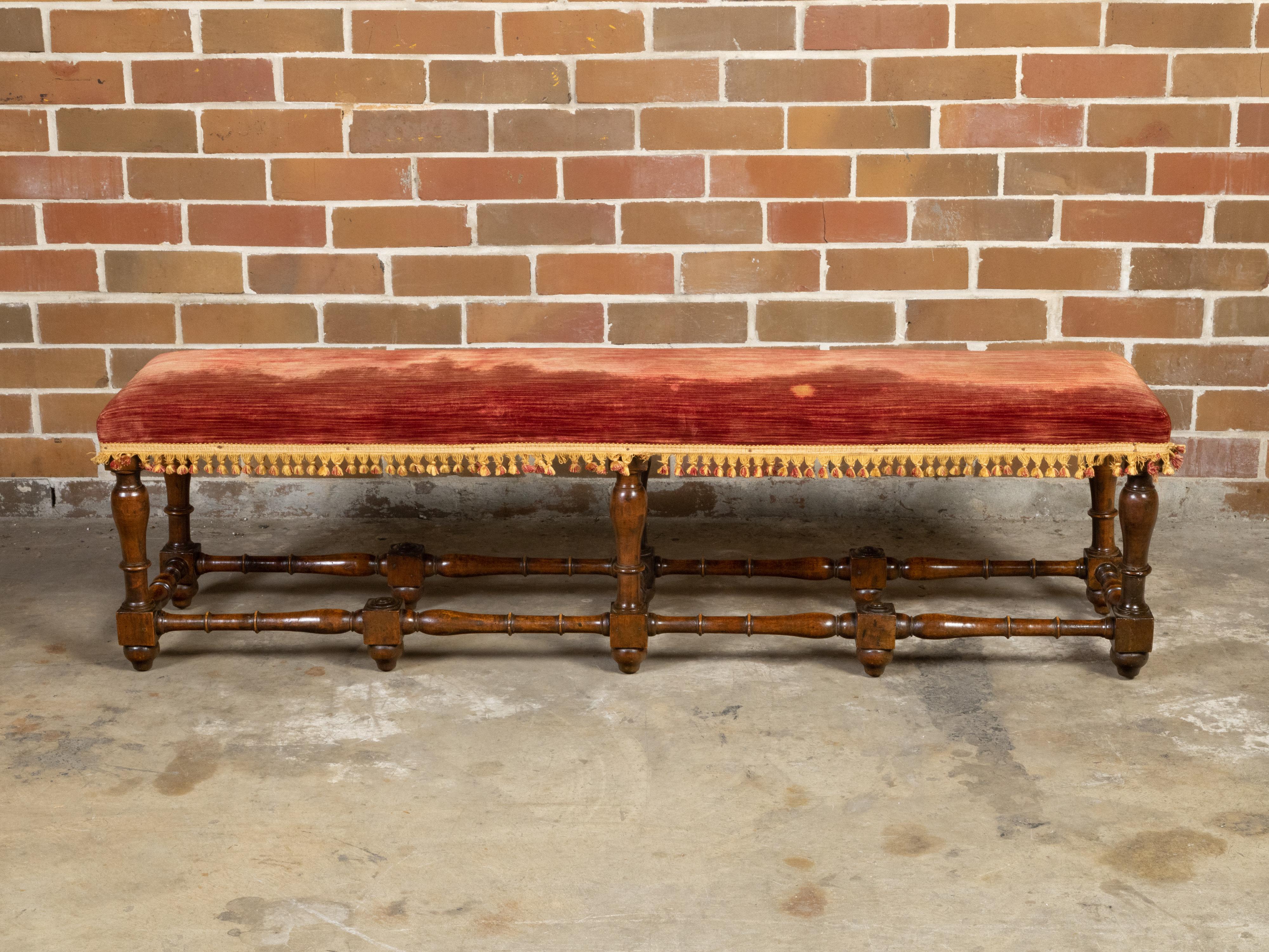 Upholstery Italian 1820s Walnut Bench with Red Fabric, Turned Legs and Stretchers For Sale