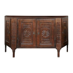 Antique Italian 1820s Walnut Credenza with Canted Corners and Hand Carved Rosettes