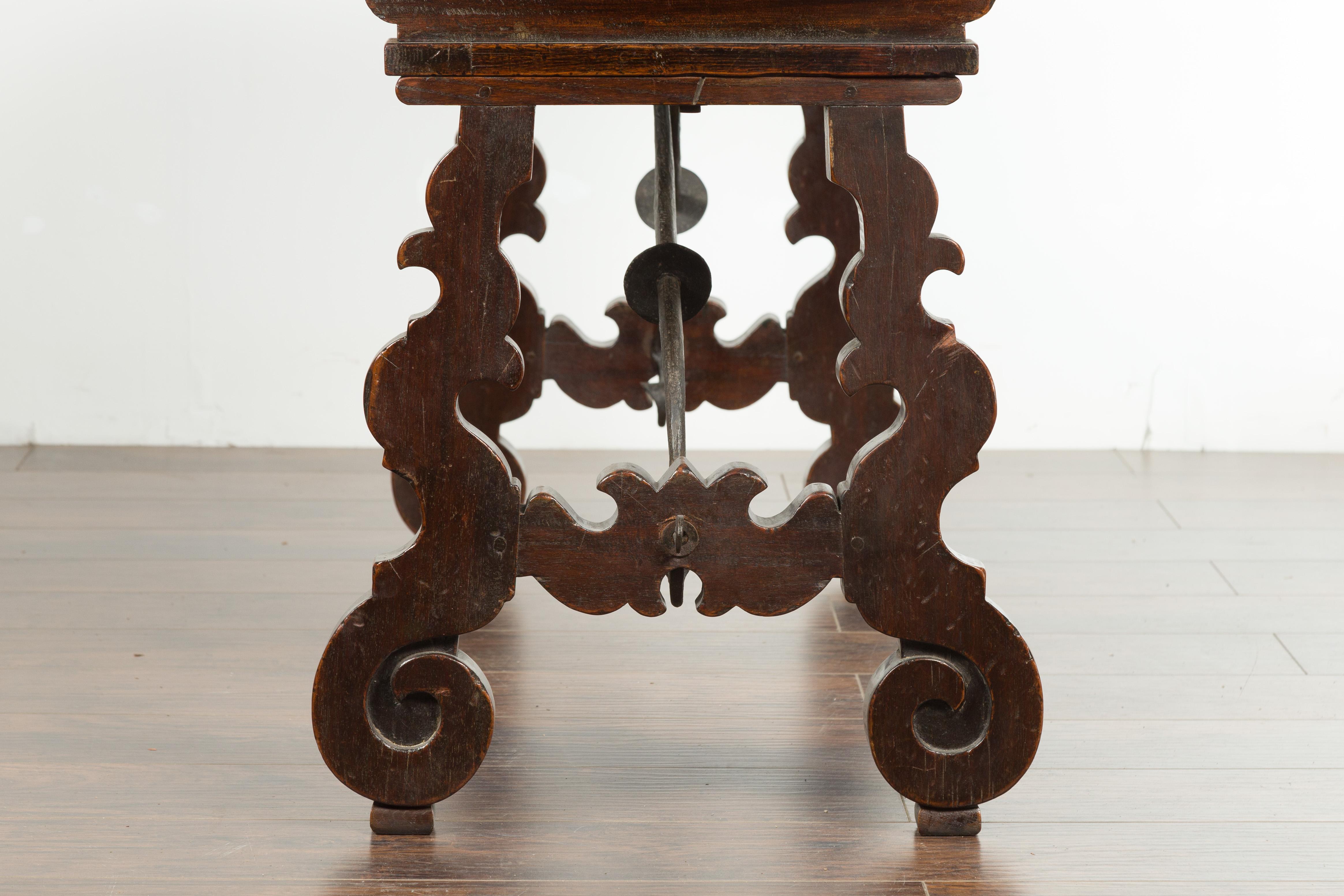 Italian 1820s Walnut Fratino Table with Iron Stretcher and Extension Leaves 8