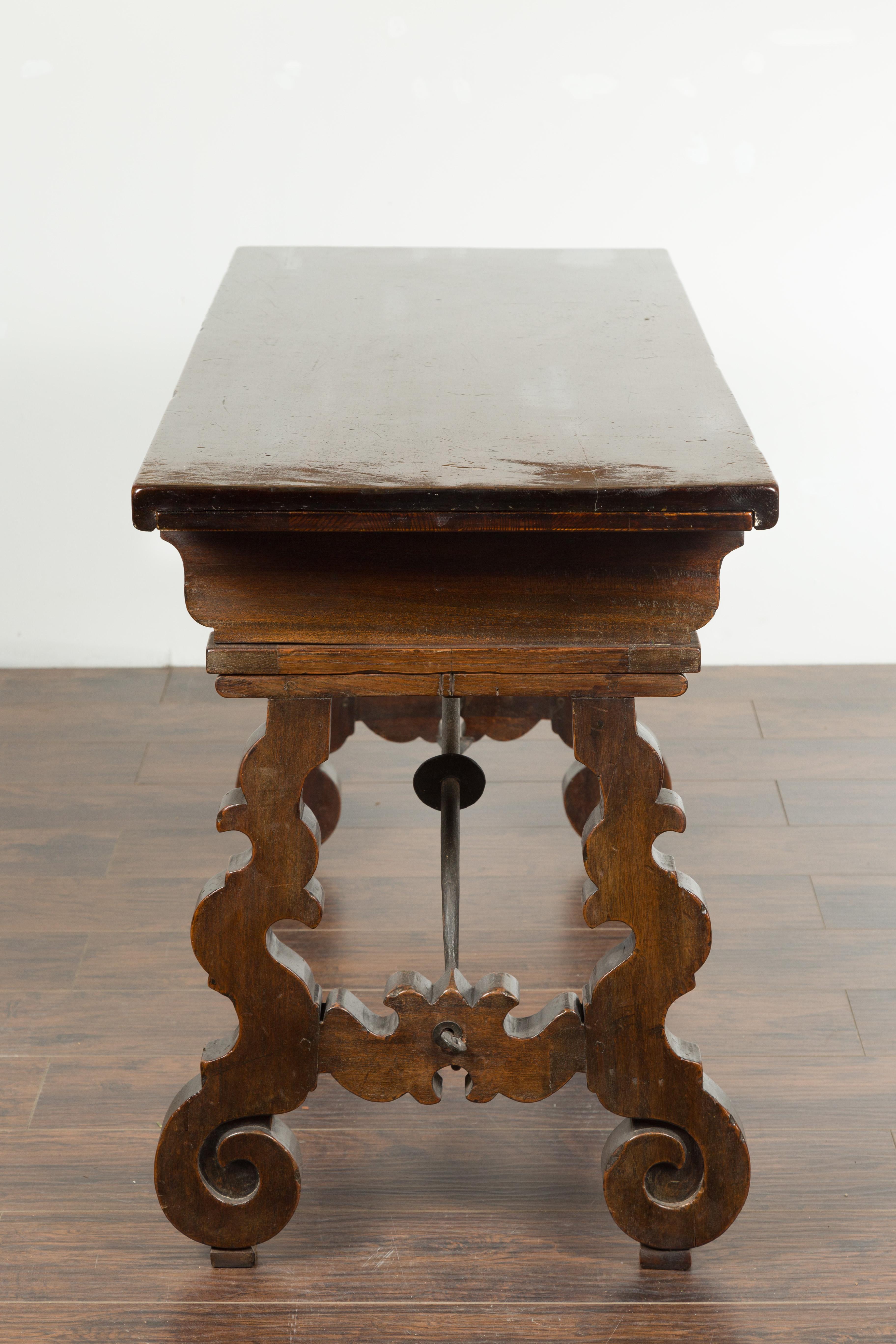 Italian 1820s Walnut Fratino Table with Iron Stretcher and Extension Leaves 11