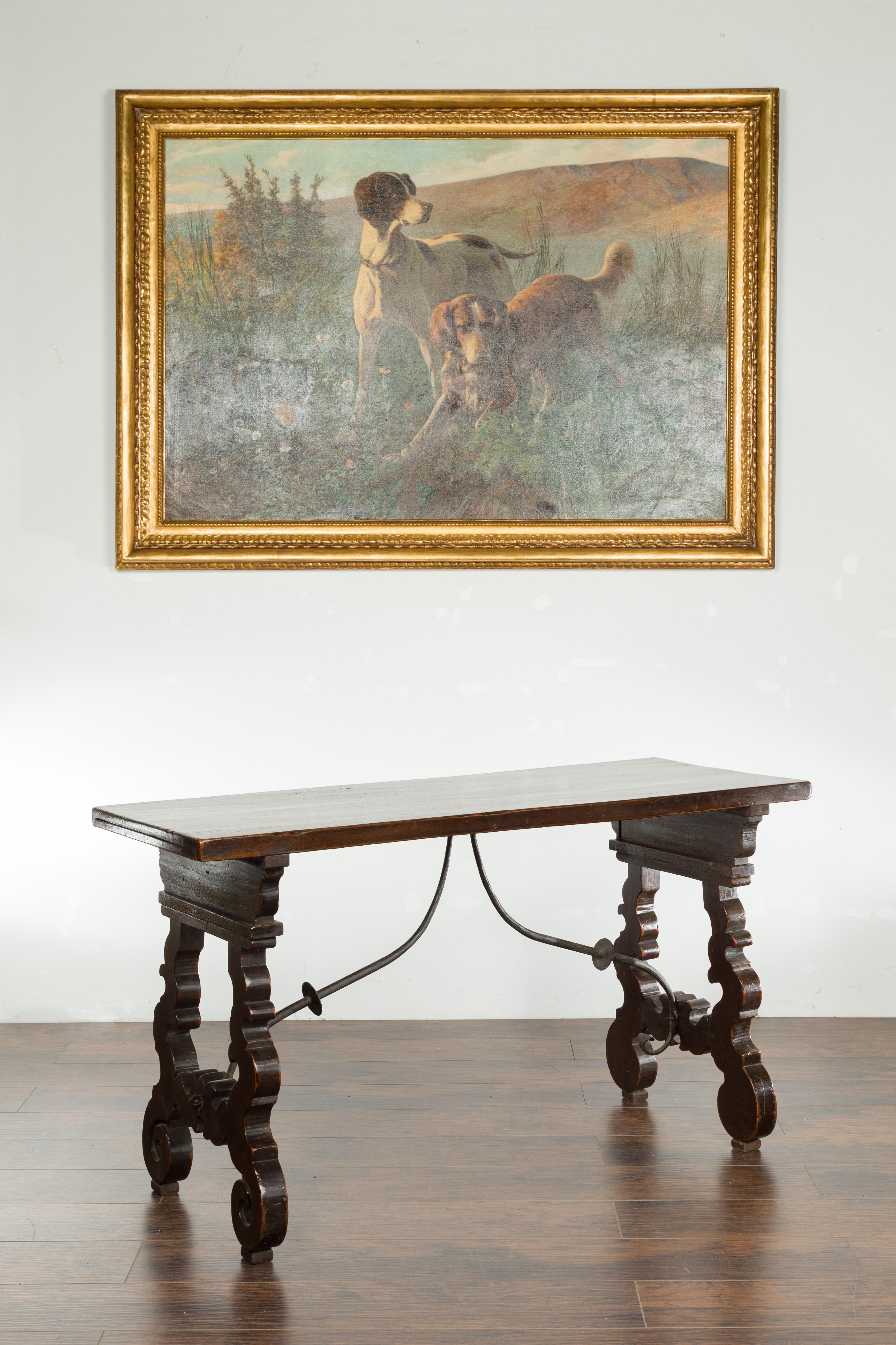 Baroque Italian 1820s Walnut Fratino Table with Iron Stretcher and Extension Leaves
