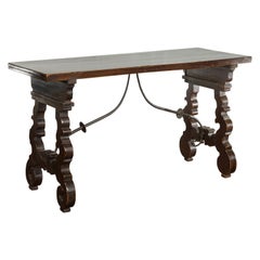 Italian 1820s Walnut Fratino Table with Iron Stretcher and Extension Leaves