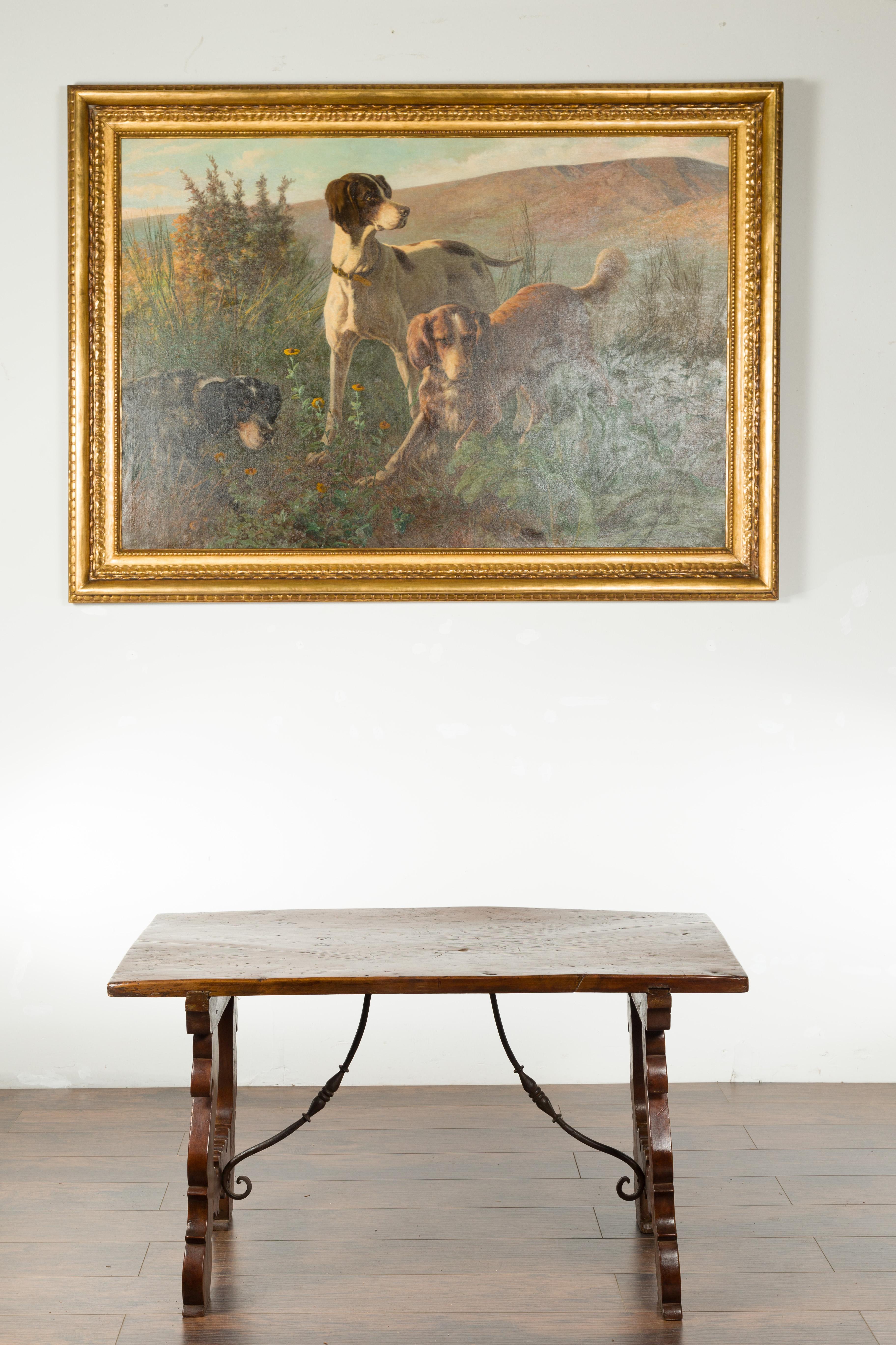 Italian 1820s Walnut Low Fratino Table with Lyre-Shaped Base and Iron Stretchers For Sale 1