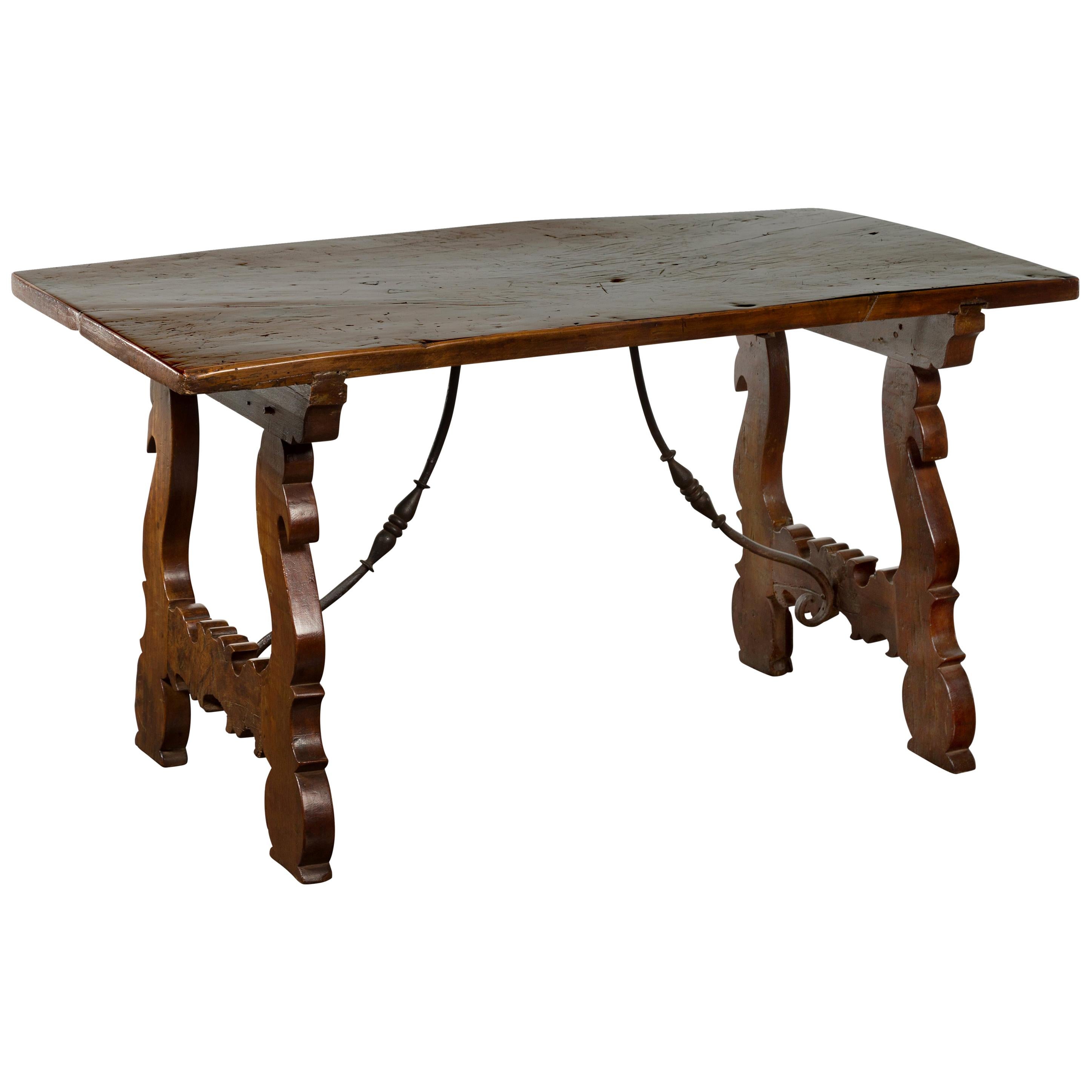 Italian 1820s Walnut Low Fratino Table with Lyre-Shaped Base and Iron Stretchers