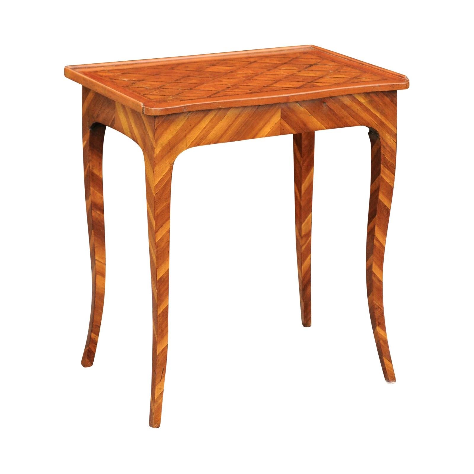 Italian 1820s Walnut Side Table with Marquetry Top, Inlaid Legs and Side Drawer For Sale