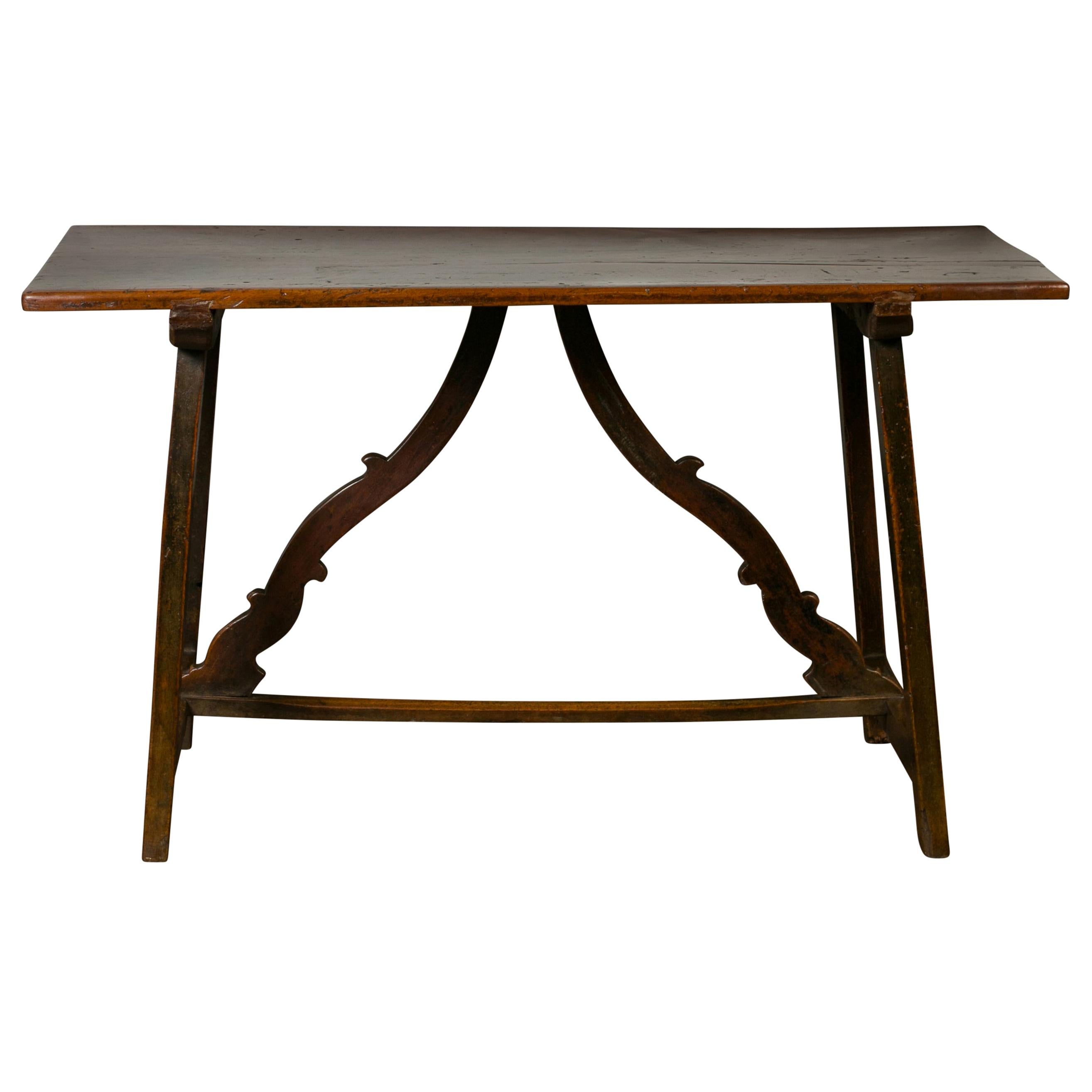 Italian 1820s Walnut Trestle Base Console Table with Carved Scrolling Stretchers For Sale