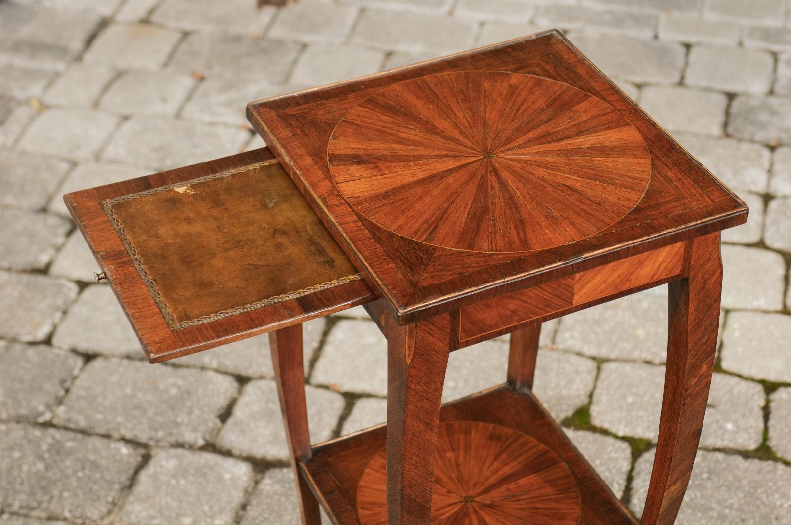 Italian 1820s Walnut Veneered Side Table with Inlay and Pull-Out Shelf In Good Condition In Atlanta, GA