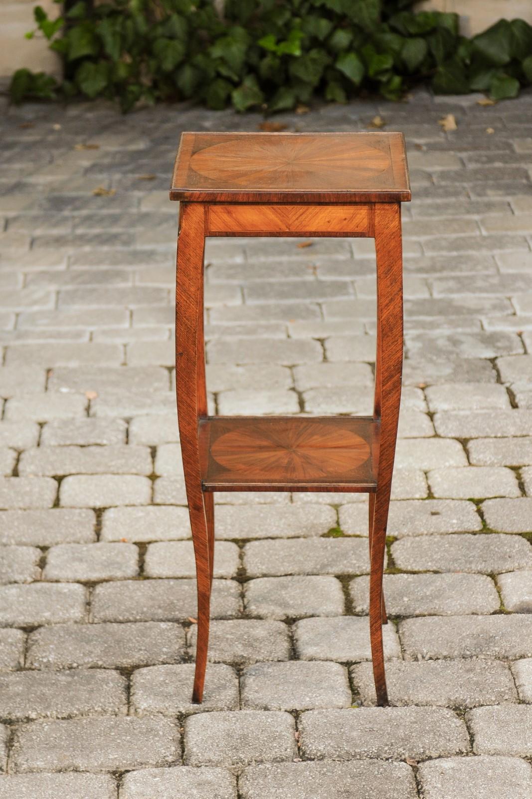 Leather Italian 1820s Walnut Veneered Side Table with Inlay and Pull-Out Shelf