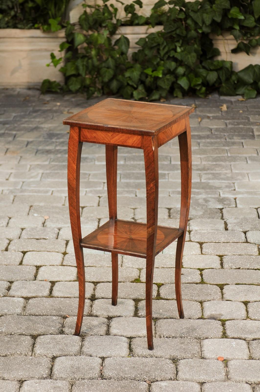 Italian 1820s Walnut Veneered Side Table with Inlay and Pull-Out Shelf 1