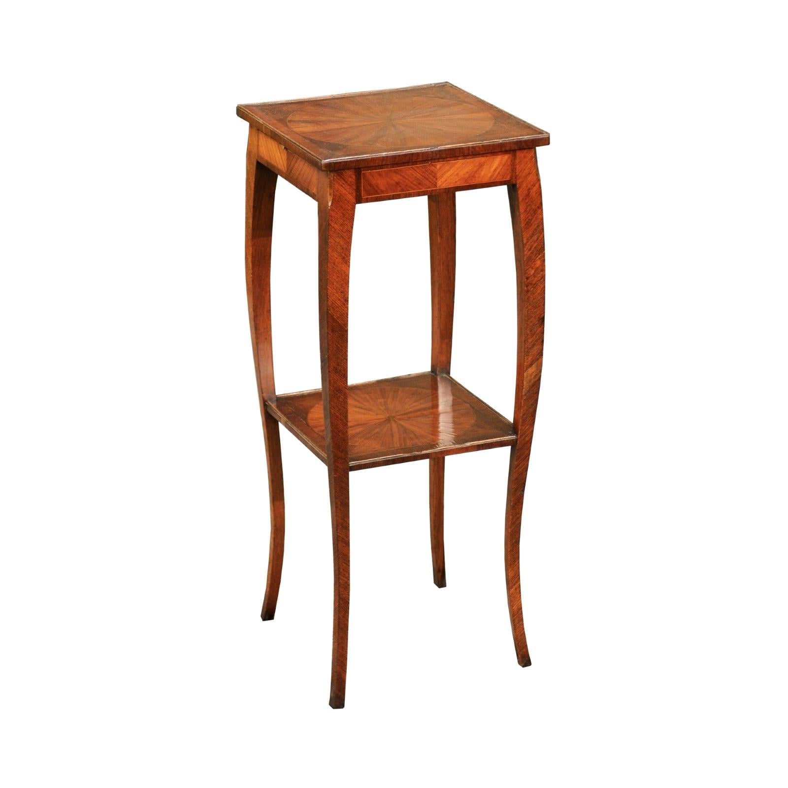 Italian 1820s Walnut Veneered Side Table with Inlay and Pull-Out Shelf
