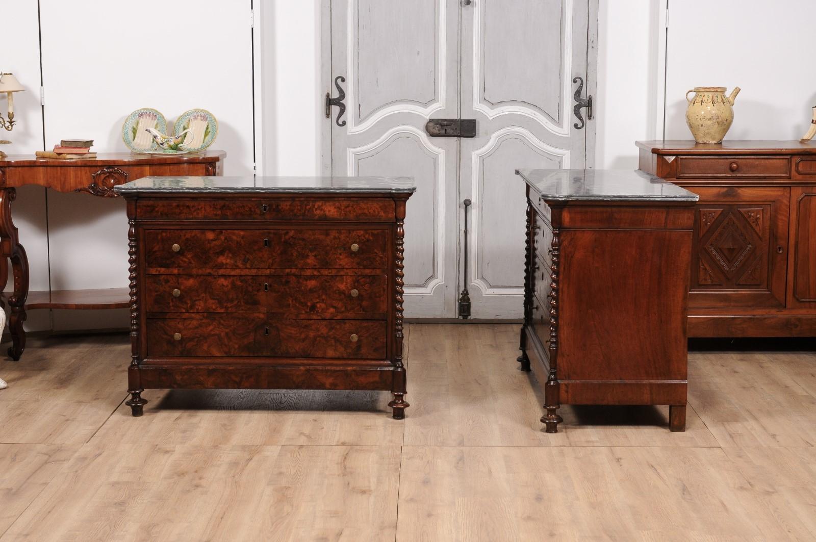 Italian 1830s Burl Walnut Commodes from Lombardi with Gray Marble Tops, a Pair For Sale 7