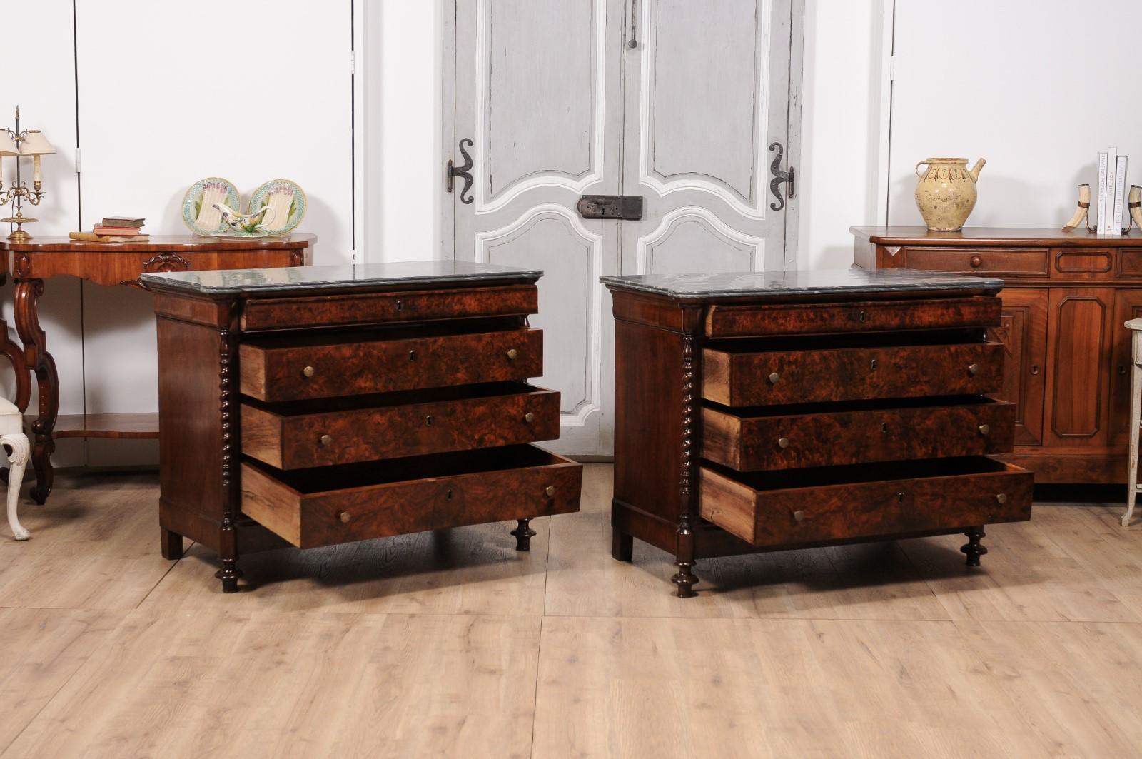 Italian 1830s Burl Walnut Commodes from Lombardi with Gray Marble Tops, a Pair In Good Condition For Sale In Atlanta, GA