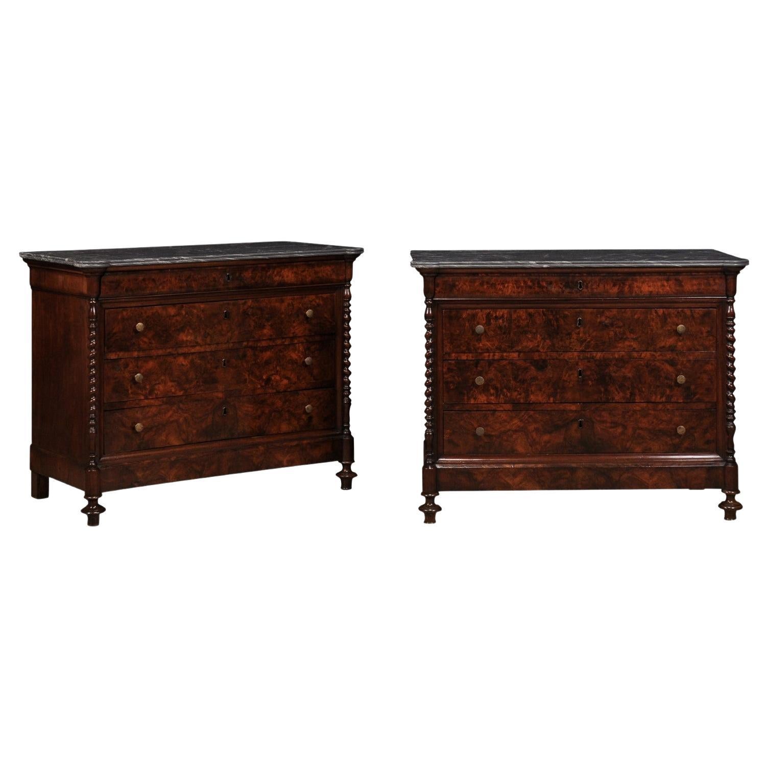 Italian 1830s Burl Walnut Commodes from Lombardi with Gray Marble Tops, a Pair For Sale
