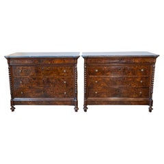 Antique Italian 1830s Burl Walnut Commodes from Lombardi with Gray Marble Tops, a Pair